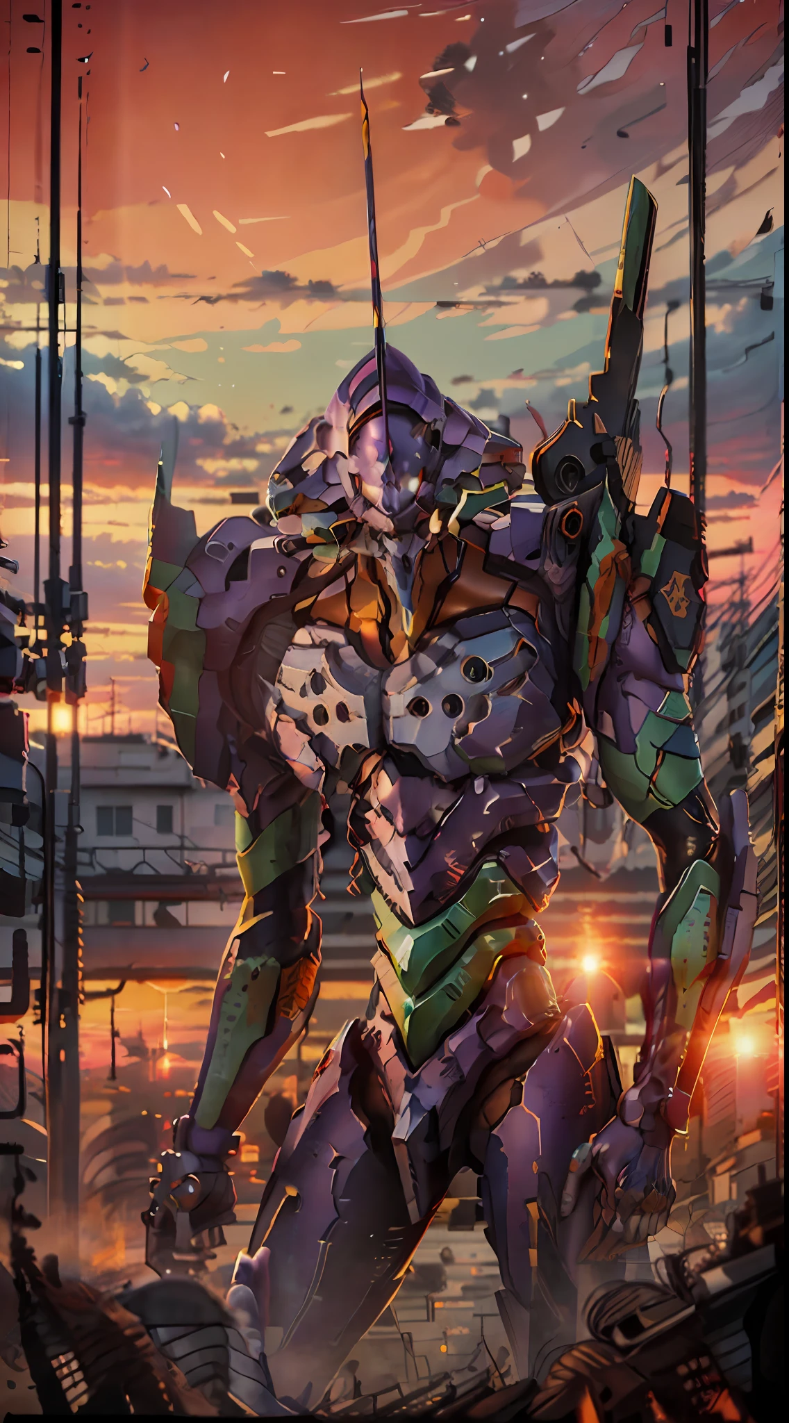 eva01,Stand up，Sunset background，urban backdrop，depth of fields，oil painted，8K，最好质量