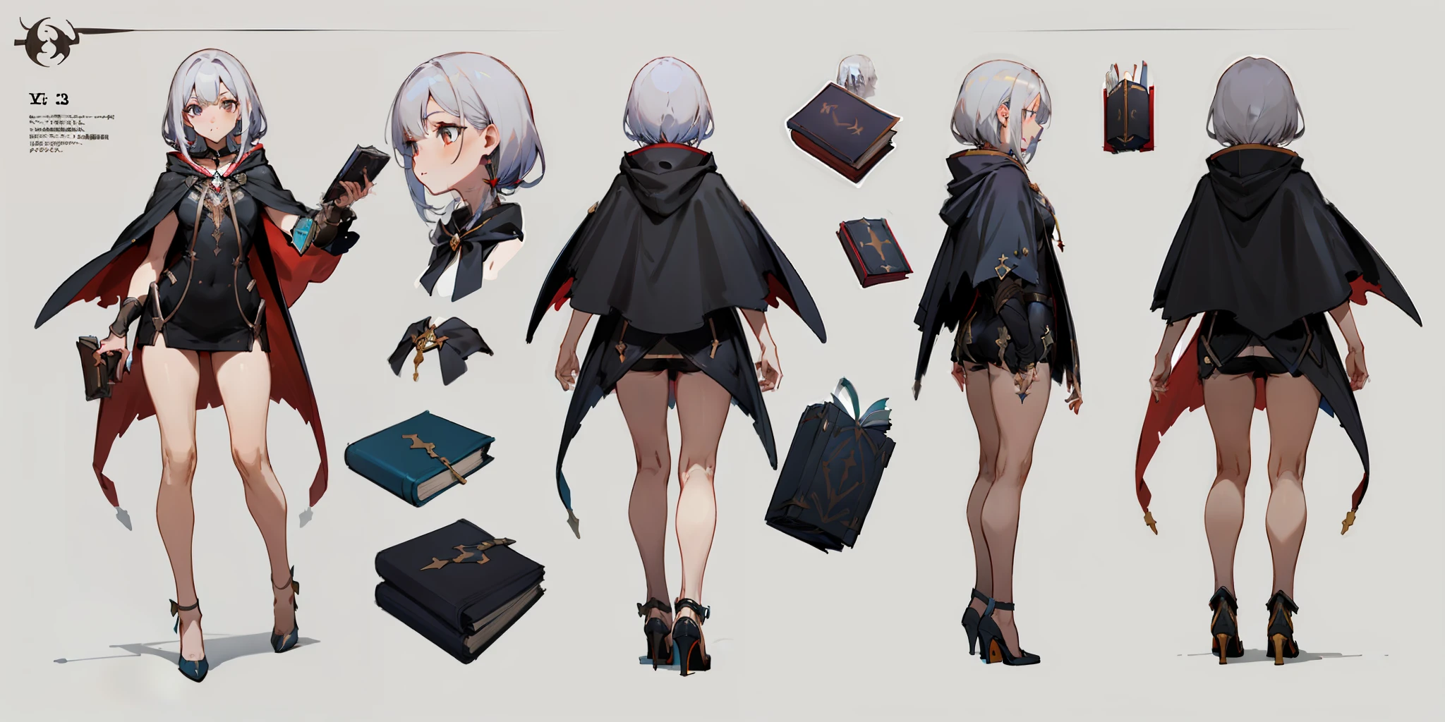 1 witch，Wear a cape hood，naked leg，high-heels，Carry a magic book，concept-art，full bodyesbian，The front of the same character, Side, back，（tmasterpiece：1.2），（best qualtiy：1.3），standing on your feet