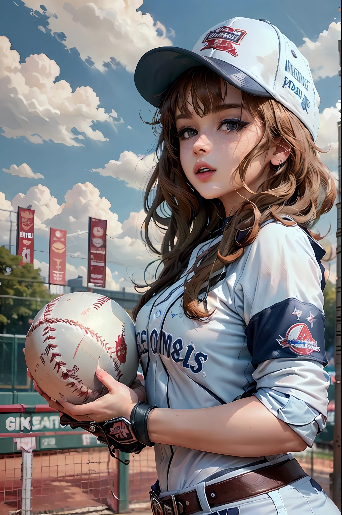 neocoill, masterpiece, best quality, 1girl, baseball uniform, solo, baseball gloves, baseball cap, hat, baseball, sky, sportswear, clouds, brunette hair, blue sky, sky, holding, shirt, bangs, medium hair, long sleeves, standing, holding ball, outdoors, looking at the audience, parted lips,room, mature female,