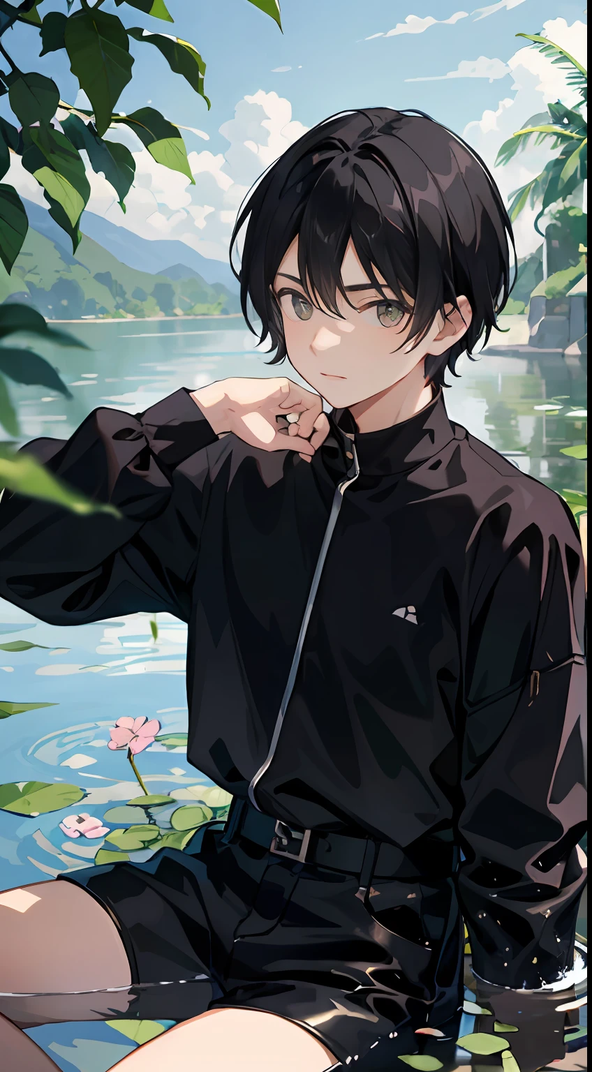 Anime boy sitting on the ground in front of a lake - SeaArt AI