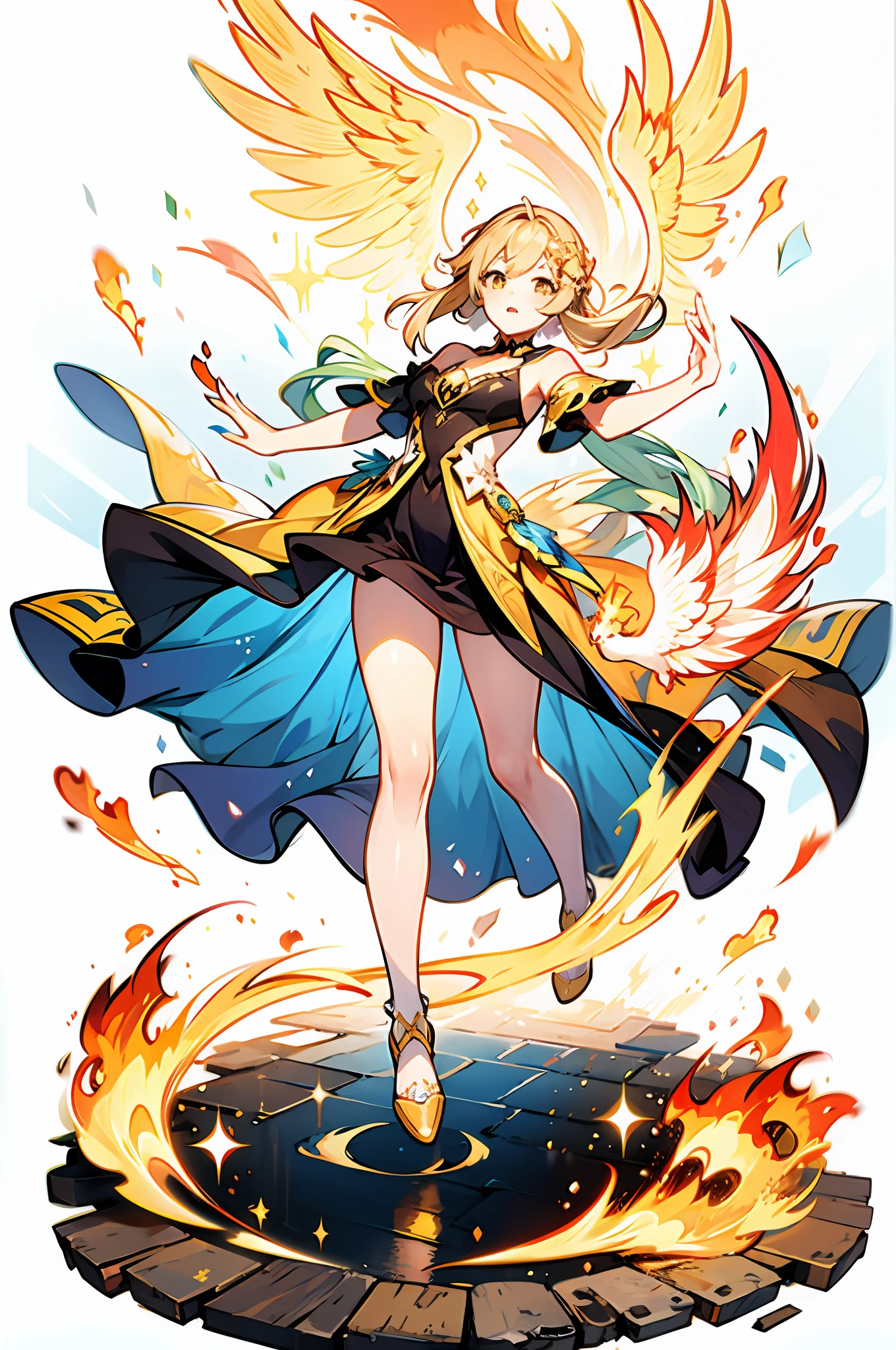 "white background, full body(1girl), beautiful phoenix wings, flowing yellow gradient dress, sparkling glitter, bright fiery lips, gracefully floating, unleashing powerful moves with flames,".