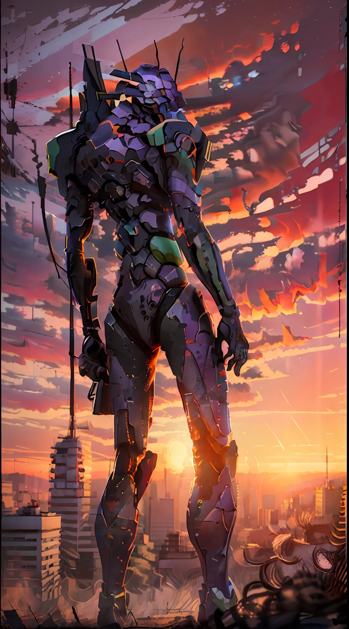 eva01,Stand up，looking at viewert，Sunset background，urban backdrop，depth of fields，oil painted，8K，最好质量，