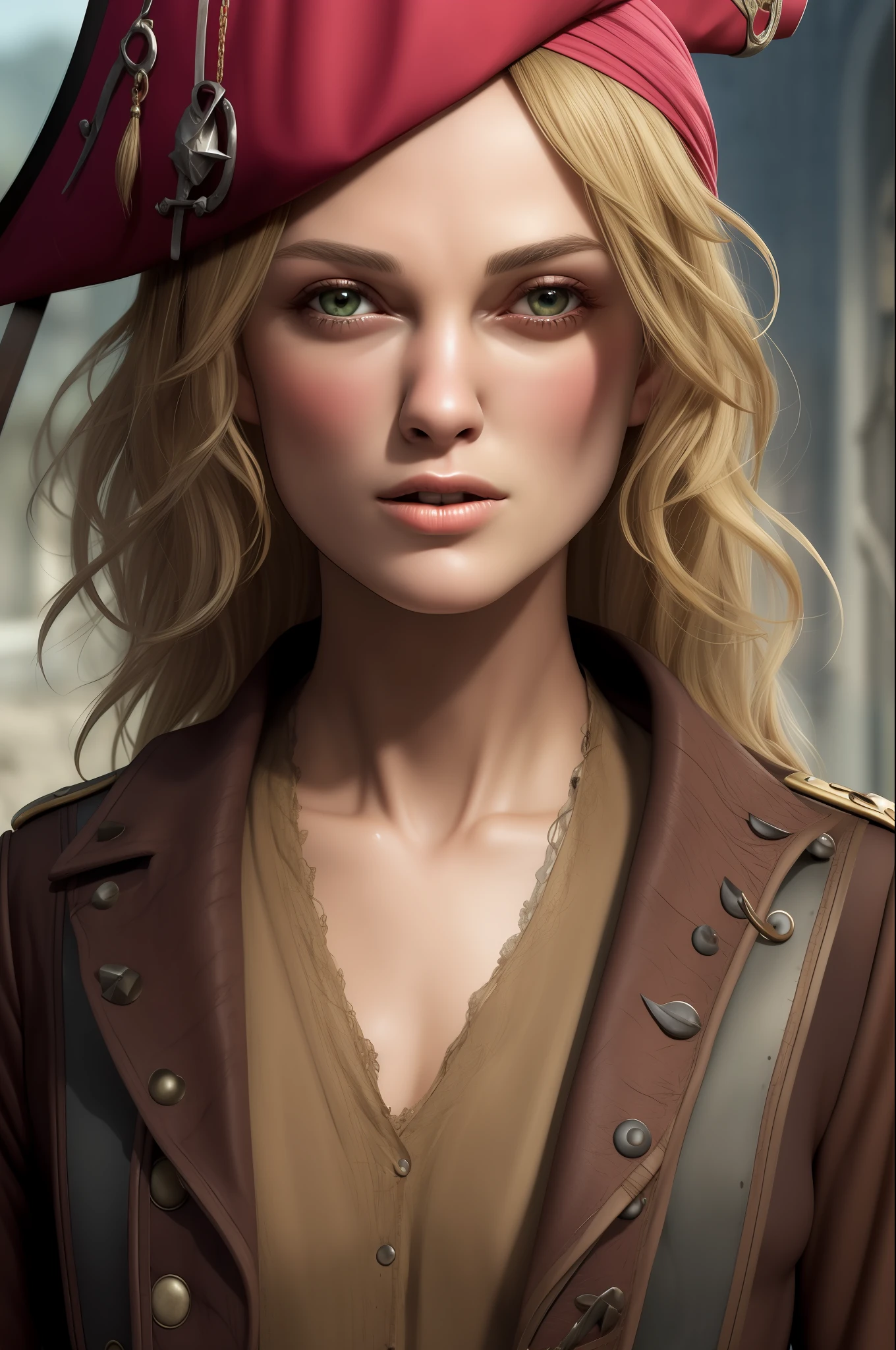 young (Keira Knightley, pirate), raw, hdr, 8k textures, detail, hight detailed skin texture, epic details, high sharpness,