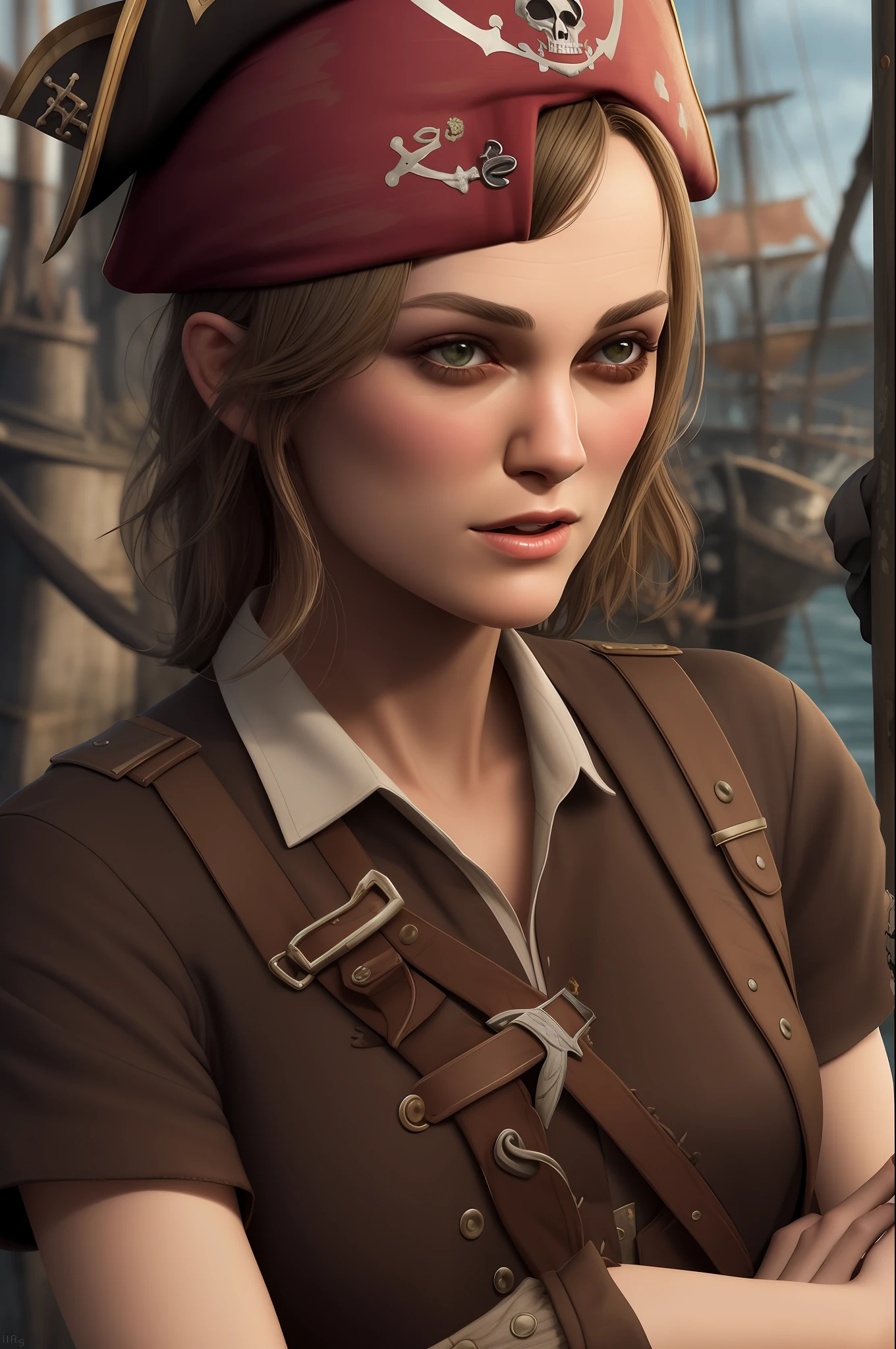 young (Keira Knightley, pirate), raw, hdr, 8k textures, detail, hight detailed skin texture, epic details, high sharpness,