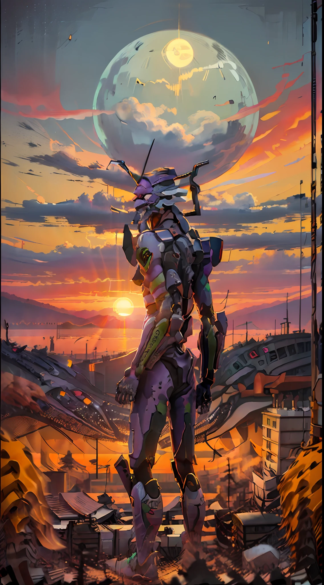 eva01,Stand up，looking at viewert，Sunset background，urban backdrop，depth of fields，oil painted，8K，最好质量