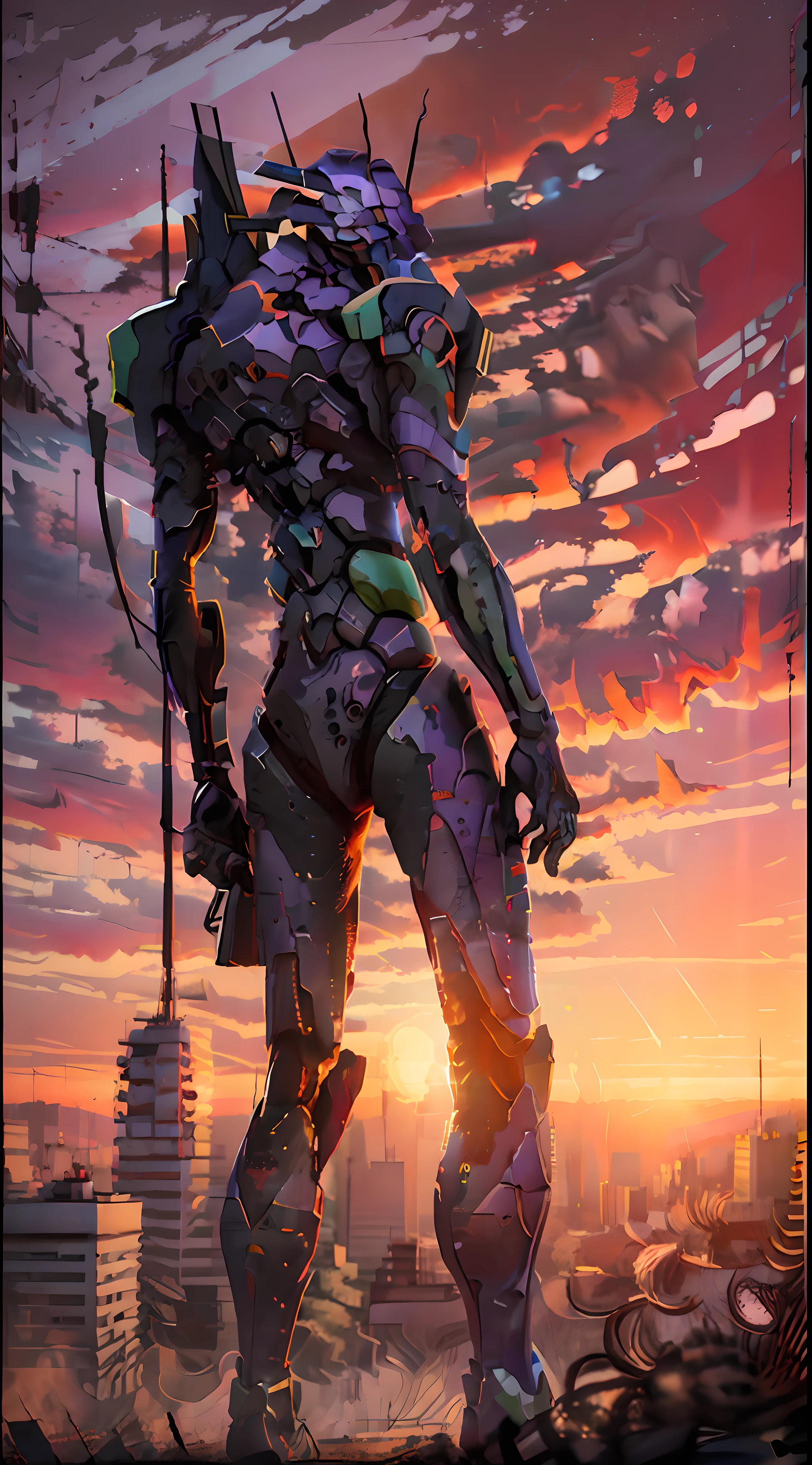 eva01,Stand up，looking at viewert，Sunset background，urban backdrop，depth of fields，oil painted，8K，最好质量，