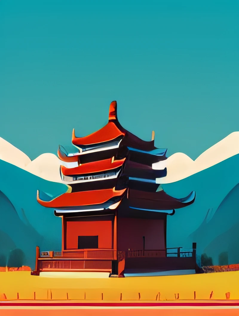 旅遊插畫,中國人,春天,平面設計,簡單的形狀,極簡風格,