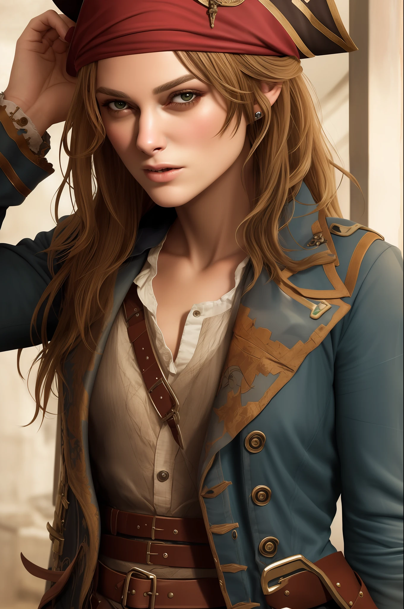 young (Keira Knightley, pirate), raw, hdr, 8k textures, detail, hight detailed skin texture, epic details, high sharpness,