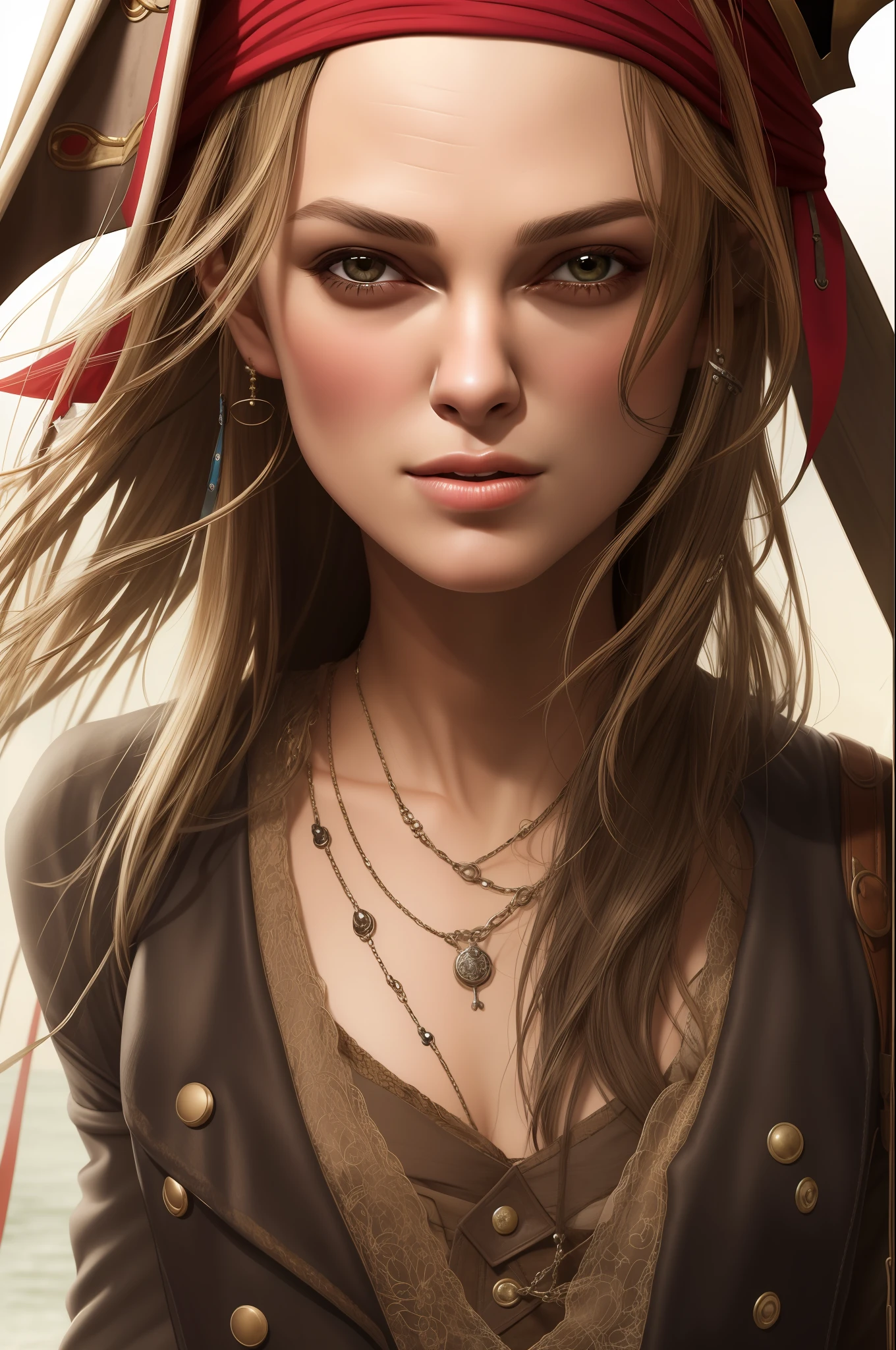 young (Keira Knightley, pirate), raw, hdr, 8k textures, detail, hight detailed skin texture, epic details, high sharpness,