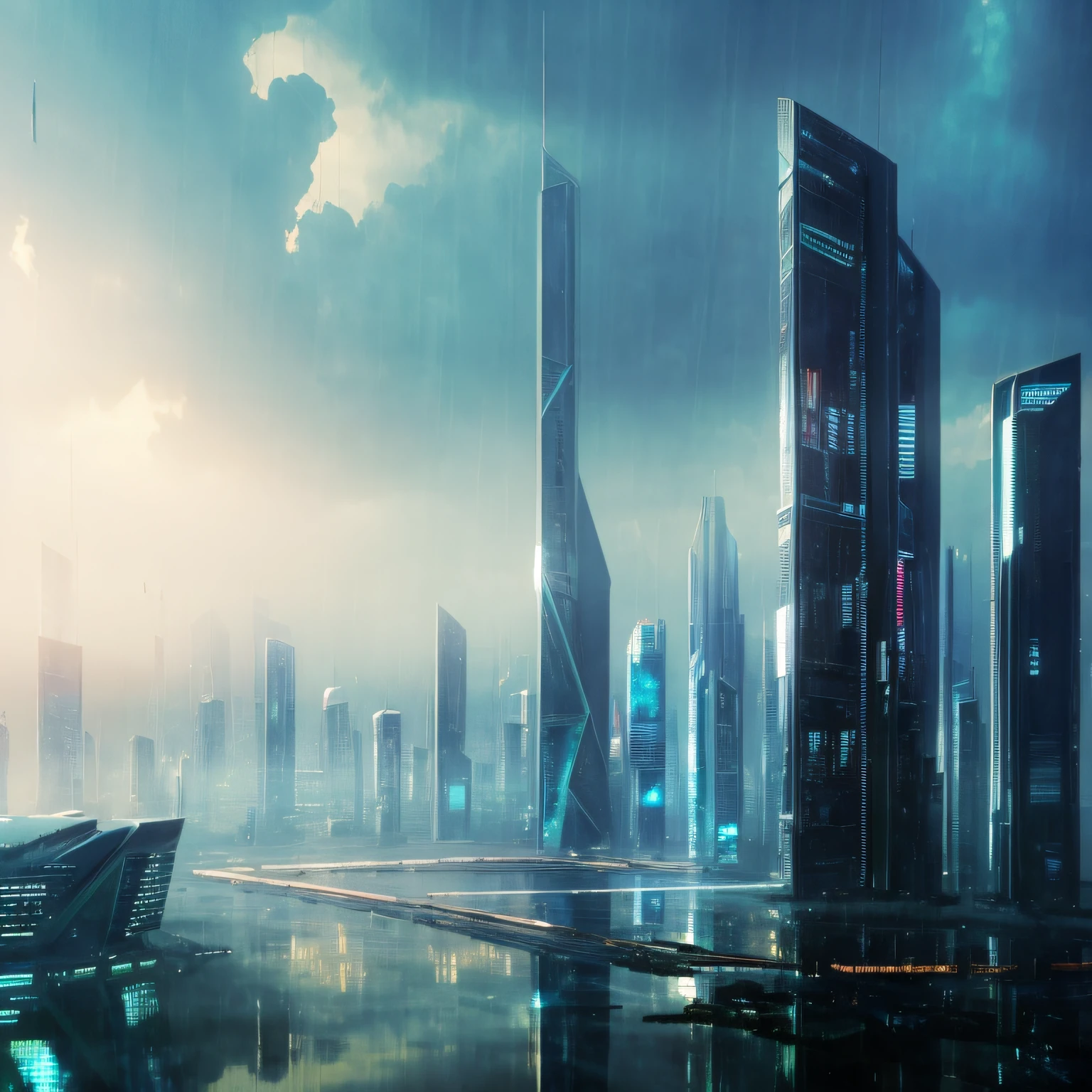 ((masterpiece, best quality)), 8k, modern architecture style, photo realistic, hyper detailed photo, clean sky, ruined city, cyberpunk,rain --auto