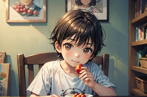 Miyazaki's painting style，A young boy with，Wear a short-sleeved T-shirt，Eating lychees，Family background，very happily，Side close...