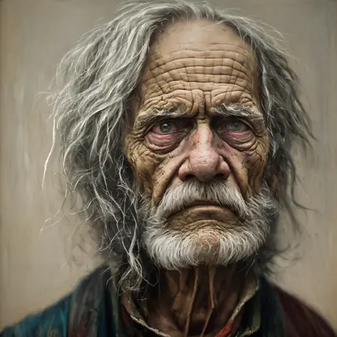 A portrait of poor american soldier 1800 old in rags, ((overwhelming fatigue )), wrinkles of age, concept art, oil pastel painti...