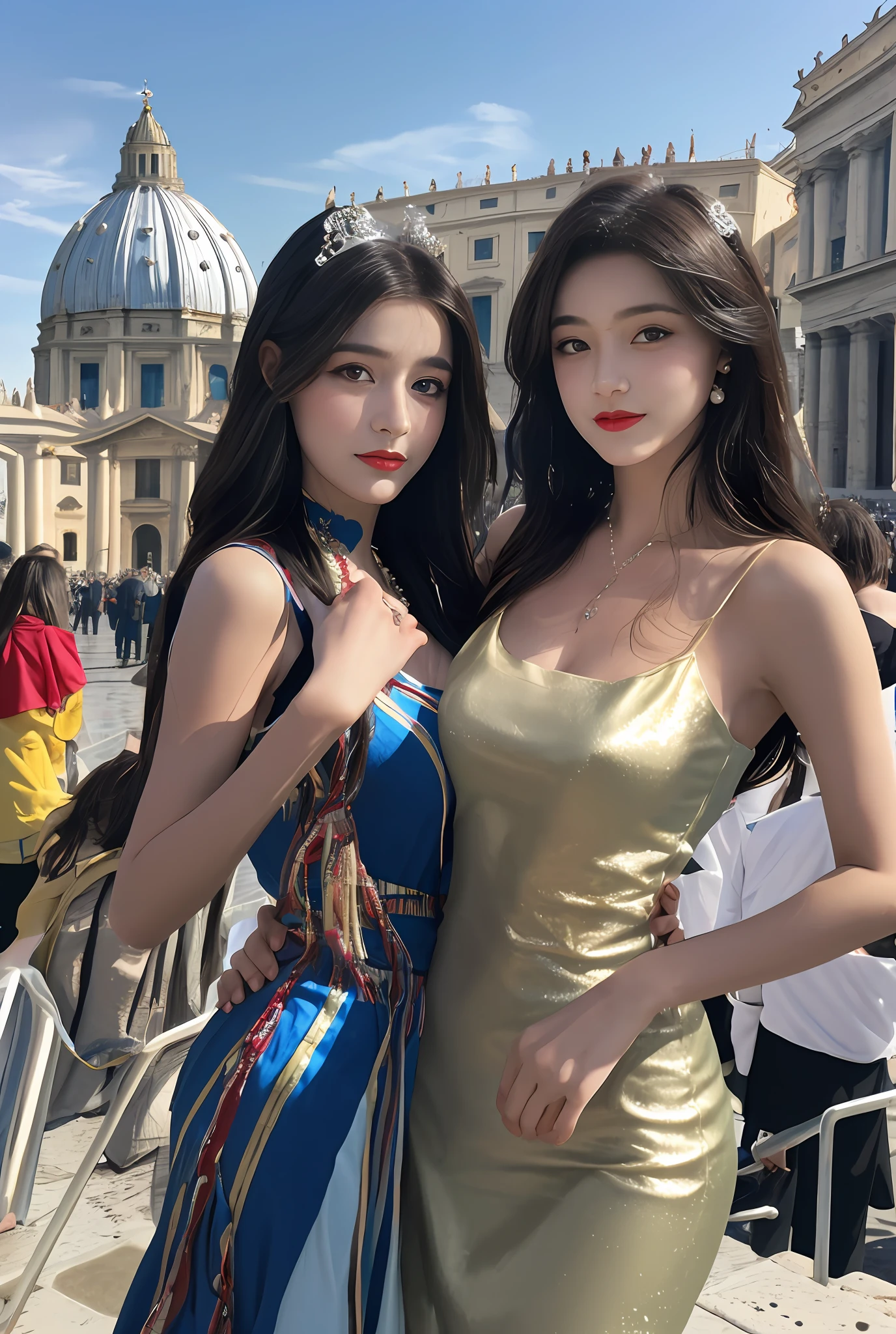 (Masterpiece, Best quality, Realistic),
2girls,duo,(on the St. Peter's Square of Vatican,crowd), sacred. Peter's Square of Vatican background,gypsy dress,(Princess Eyes,shiny pupils),Dancing,banquet, crowd, picking up skirt,
[Slight smile],