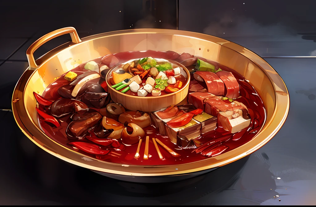 hot pot，Chongqing，sichuan，Copper pan，chili pepper，lamb slices，verdure，Enoki mushroom，k hd，Pubic area is clear，multi-detail，shiitake，coriander，tofu，Chou