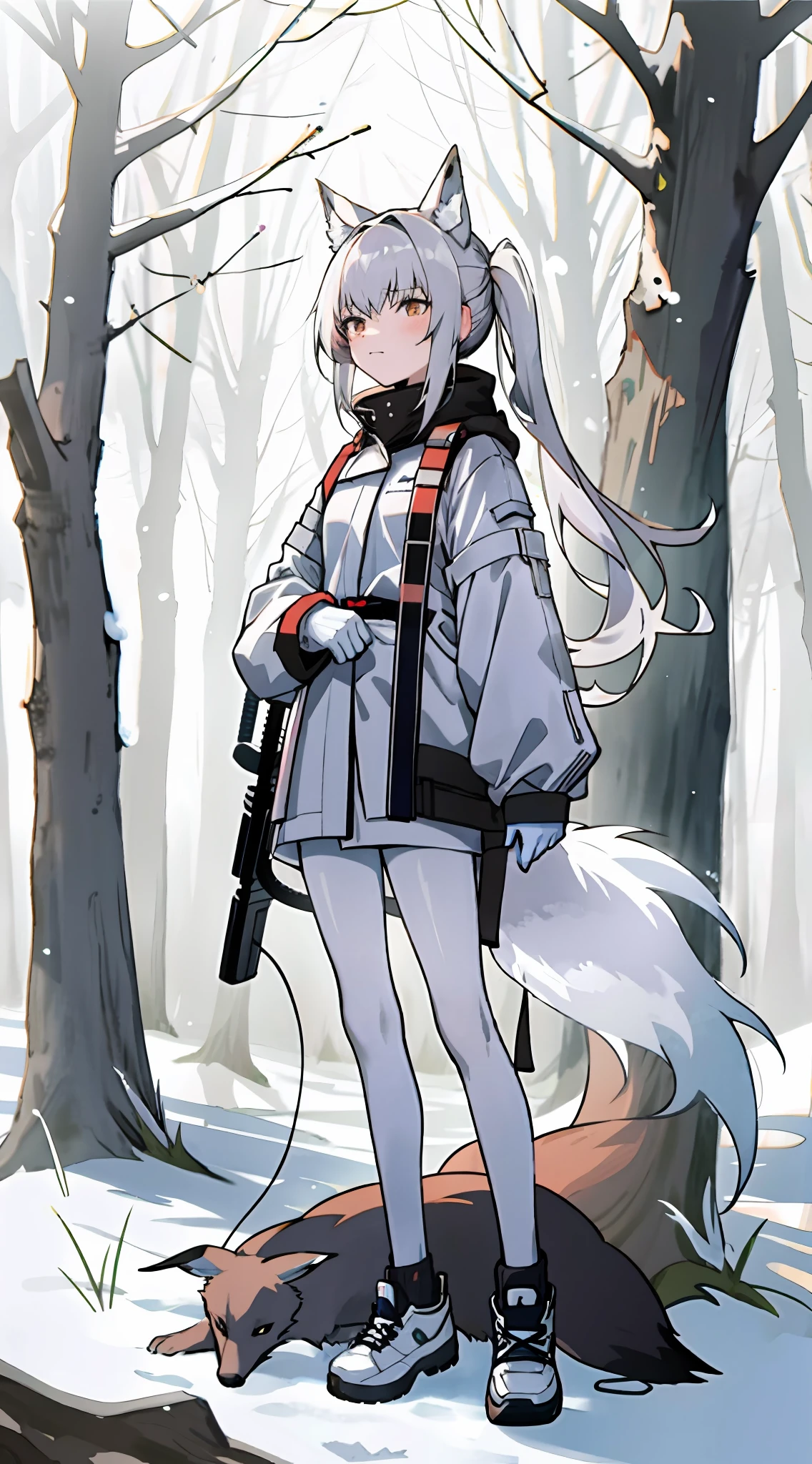 teens girl，sporty attire，Earphone，red fox，coda，whaite hair，blacksilk，ln the forest， White hair，White fox，White fox，Full body like，Dull hair，White coat，Nine tails，guns，8K，delicated，Great masterpiece，Very crumbs，fox tails，Ray traching，Exquisite scenes