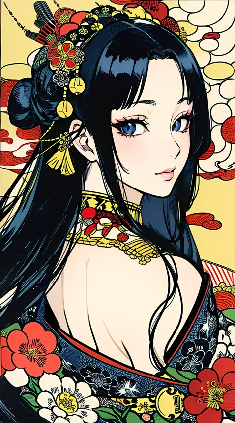 ukiyo-e, (retrato, foco facial) de uma (1girl) com (olhos vermelhos) e (olhos de cobra), (cabelo preto) fluindo pelas costas em ...