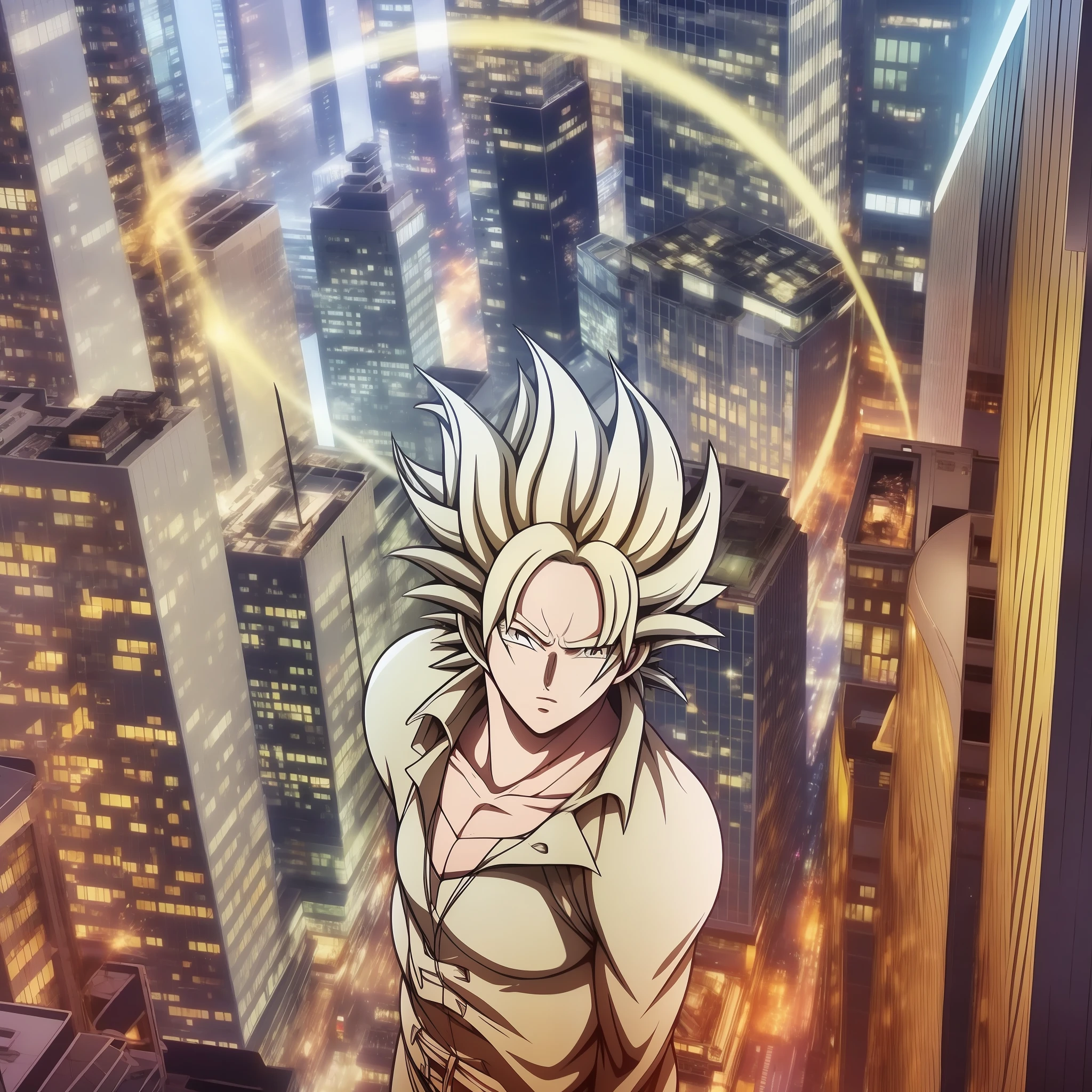 Standing in a skyscraper，城市，buildings，The Car，the street。Super Saiyan 2 hands spun into the sky and spewed a blue beam of light above the oval，