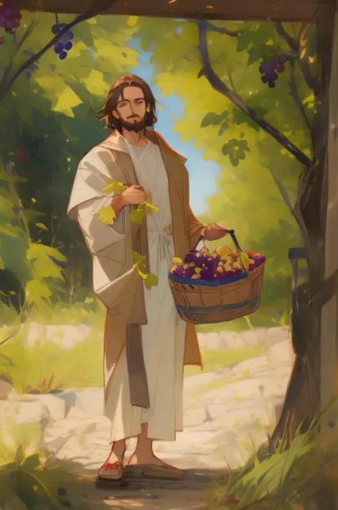 a short-haired man in a robe and red coat holds a bunch of grapes，jesus