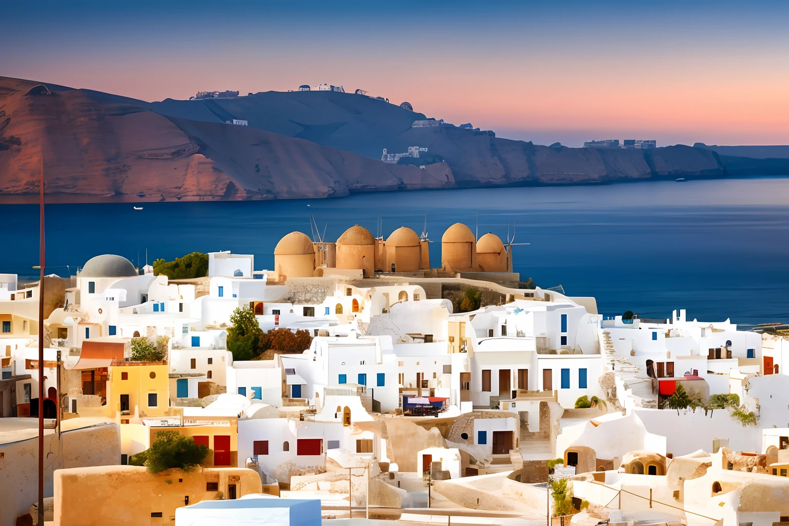 Alafed view of town with water body in background, whitewashed buildings, Greece, white buildings with red roofs, Round building on background, surrounding the city, Fantasy panorama of Greece, White houses, greek setting, Santorini, Mills, mediterranean island scenery, white building, Town in the background, Cycladic sculpture style