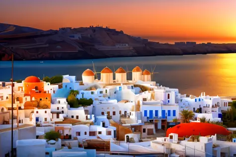 Alafed view of town with water body in background, whitewashed buildings, Greece, white buildings with red roofs, Round building on background, surrounding the city, Fantasy panorama of Greece, White houses, greek setting, Santorini, Mills, mediterranean i...