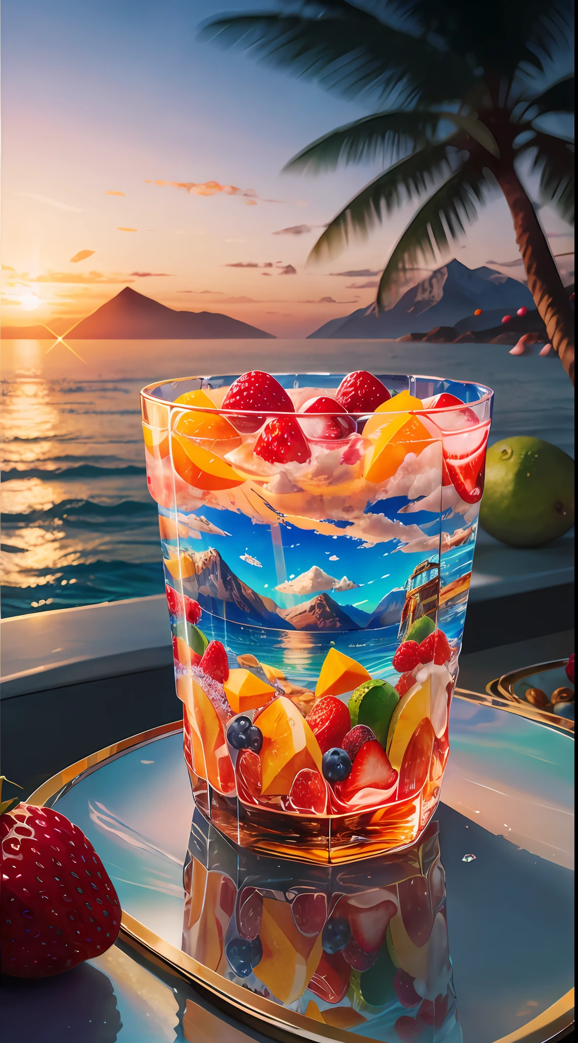 landscape: Sea, mountains, Palm trees, Beach, Magnificent sunrise, rainbow, Colorful, Faceted glass, crystal, mother-of-pearl shimmers, Multicolored, Different, Berry yogurt, CocktailWorld, scenery, landscape, Street, Depth of field , ((blurred background)), Masterpiece, Best Quality, ultra detail, (((Multi-layered jelly))) glass, stained glass windows, tmasterpiece, Top Quality, Experience, Chic, a gold, utensil, kettle, a cup, plate, Ice crystals, with floral print,1 cup milk yogurt) 1 teaspoon vanilla extract of your choice, Chopped fresh fruits (For example, strawberries, kiwi, mango, blackberry, raspberry, cherry, carambola, blueberries, etc.) Marengo, Epoxy