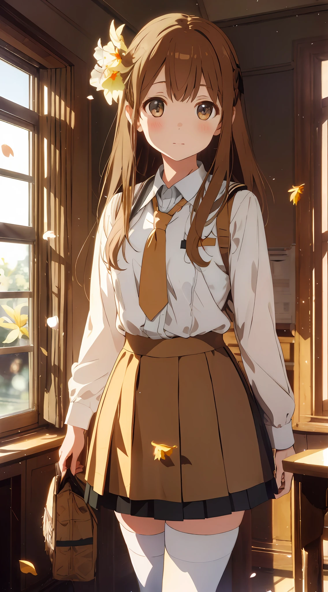 1girl, beautiful detailed eyes, light brown eyes, school uniform, skirt, vivid, flower, daffodil, hyacinth, falling petals, long light blonde hair, high black stocking, high contrast, ((masterpiece, best quality)), cinematic light, cinematic composition