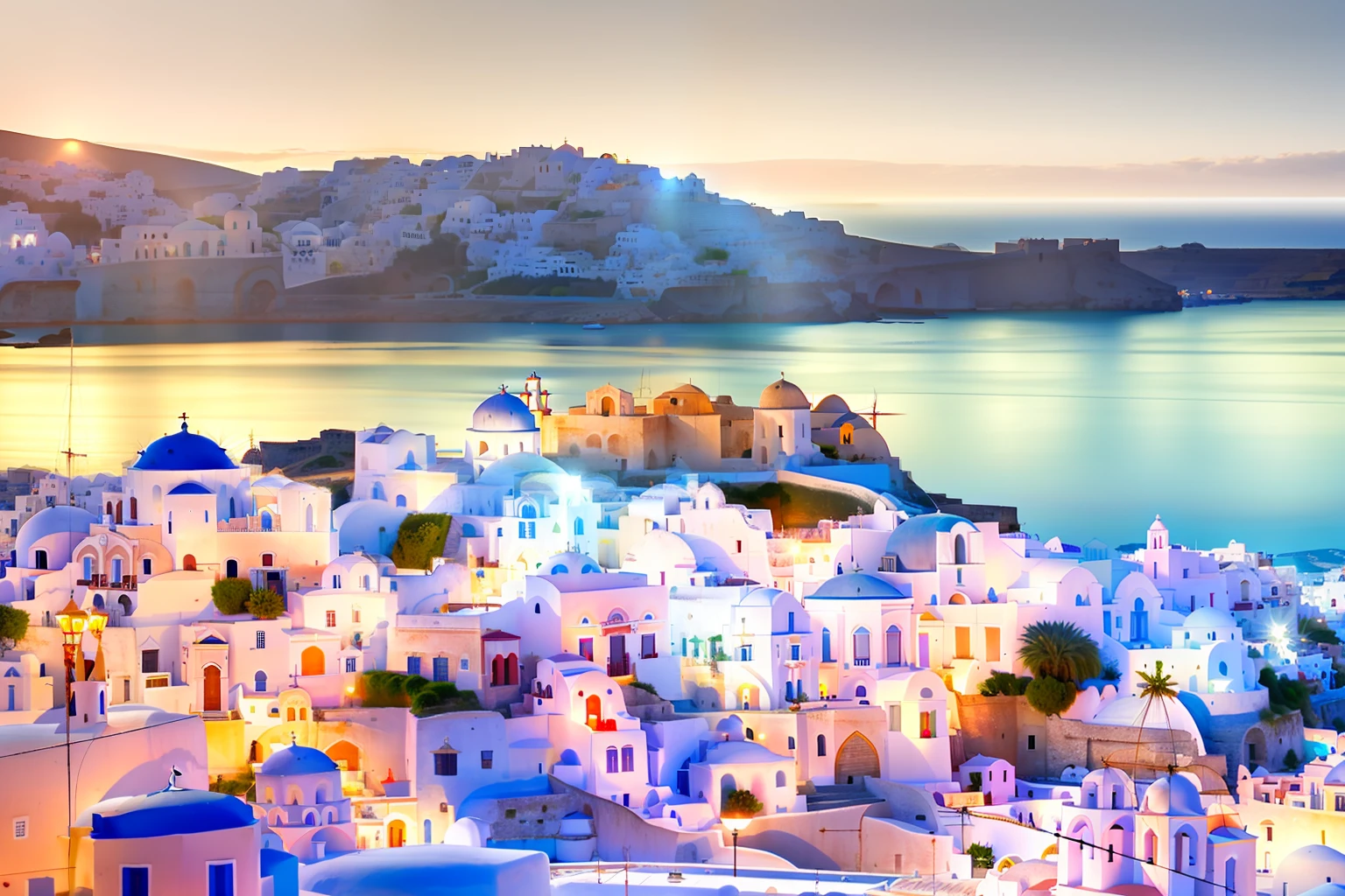 Alafed view of town with water body in background, whitewashed buildings, Greece, white buildings with red roofs, Round building on background, Fantasy panorama of Greece, surrounding the city, White houses, greek setting, Santorini, Mills, mediterranean island scenery, white building, Town in the background, Cycladic sculpture style