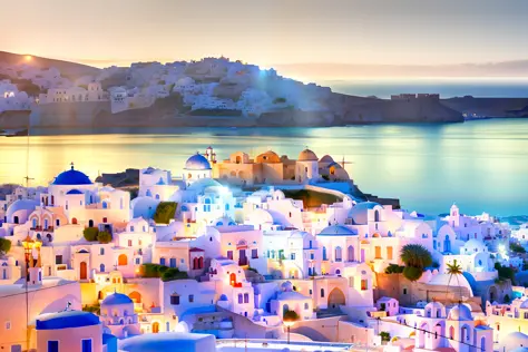 Alafed view of town with water body in background, whitewashed buildings, Greece, white buildings with red roofs, Round building on background, Fantasy panorama of Greece, surrounding the city, White houses, greek setting, Santorini, Mills, mediterranean i...