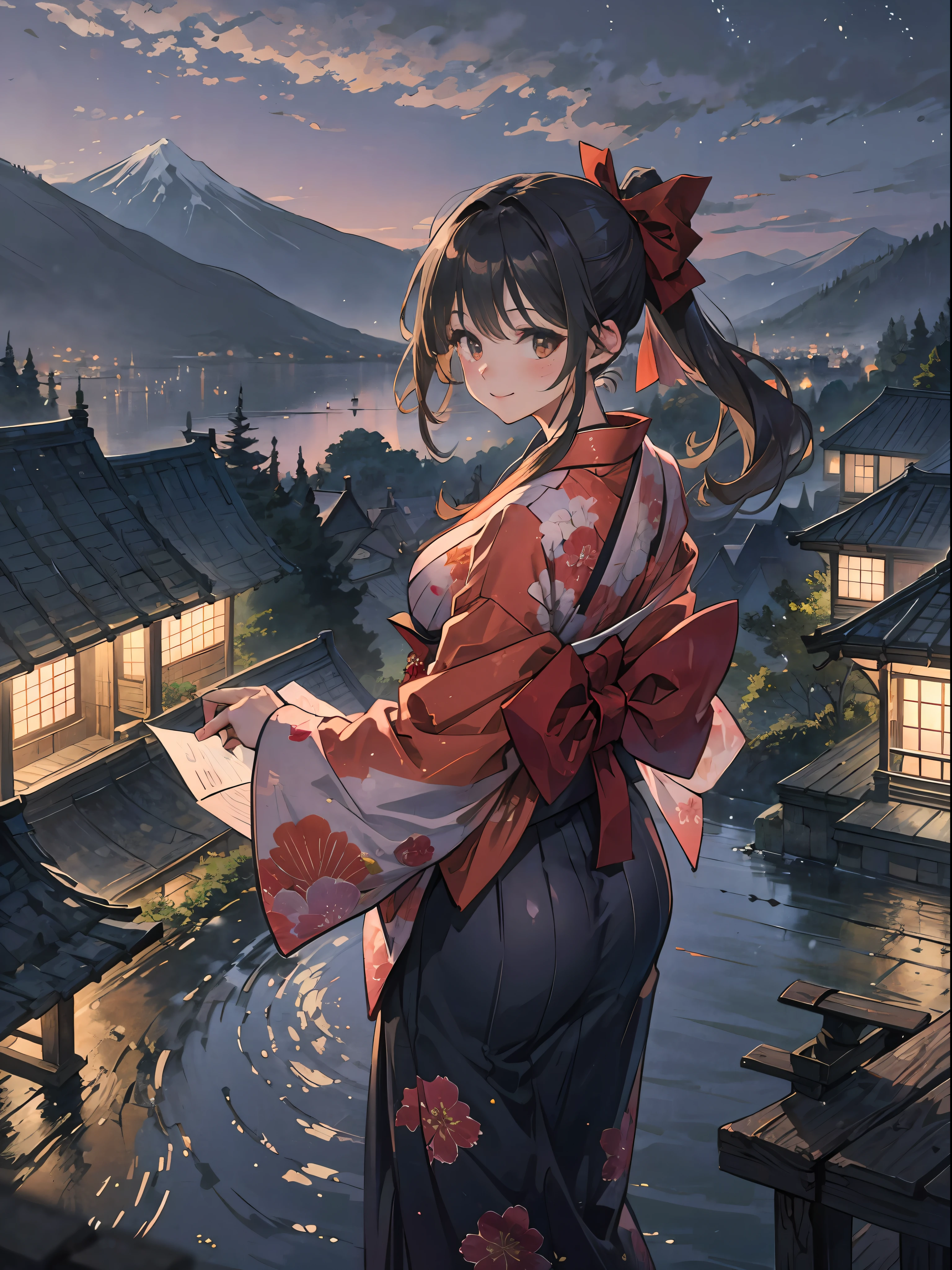 ​masterpiece、ultra-quality、The ultra-detailed、Perfect drawing、Hi-Res、solo、a beauty girl、Japan attire、ample breasts 、Back Appearance、cute  face、 BIG ASS、looking back with a cute smile、3 Size B95W60H90 、Beautiful Girl, Samurai,in yukata,Black Ponytail, Hair tied up with a large red ribbon, Equipped with two Japan swords,blush (0.2), night view, coolness, scenic,elegance, beautiful background, accurate drawing, detailed drawing