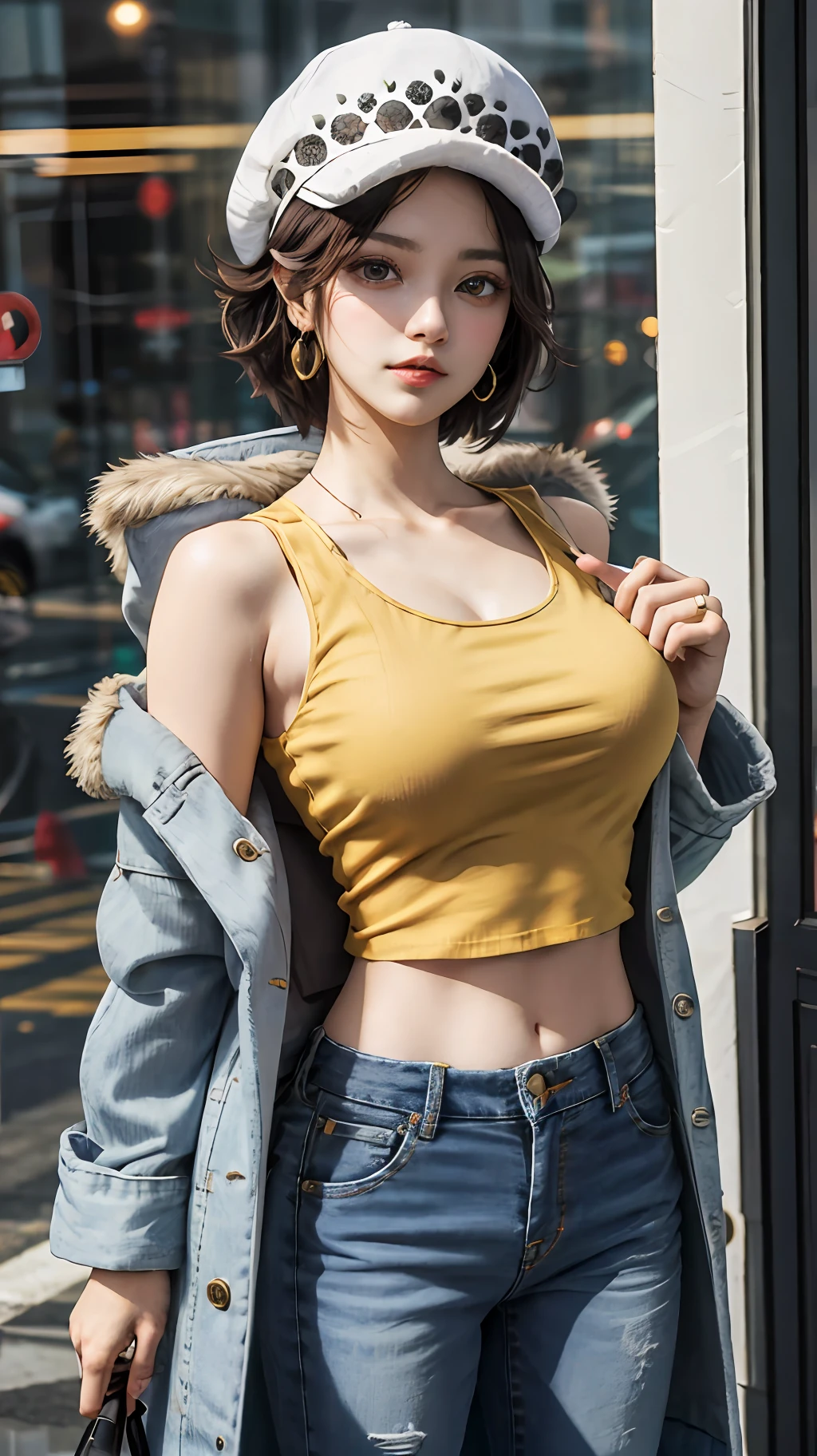 masterpiece,best quality,8k,highestres,absurdres, extremely detailed,
femlaw, solo, looking at viewer, short hair, large breasts, hat, navel, holding, cleavage, collarbone, earrings, midriff, pants,coat, fur trim, denim, jeans, fur-trimmed coat, coat on shoulders,  yellow tank top,///,