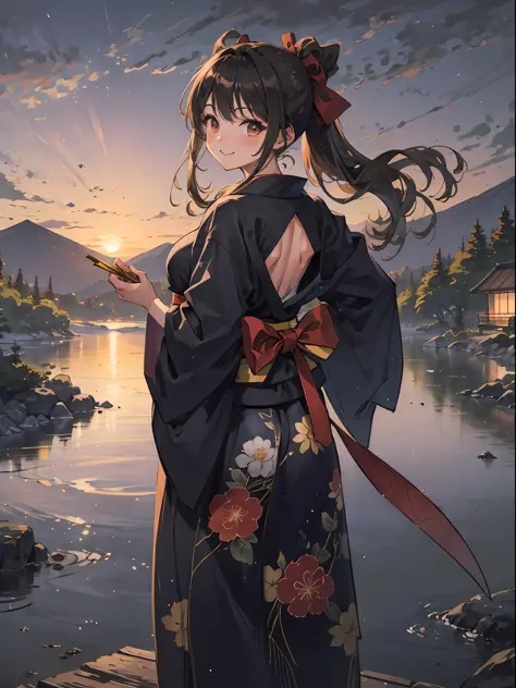 ​masterpiece、ultra-quality、The ultra-detailliert、Perfect drawing、Hi-Res、独奏、a beauty girl、Japan attire、ample breasts 、Back Appearance、cute  face、loli big ass、looking back with a cute smile、3 Size B95W60H90 、Beautiful Girl, Samurai,in yukata,Black Ponytail, ...