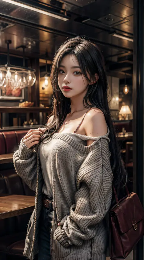 Gray sweater，Extra-long hair，Exposed shoulder，Burgundy leather coat，restaurant