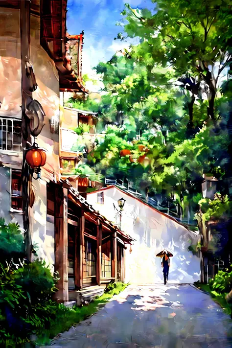 watercolor paiting，Chinese rural residential path，the trees，shining sun，tree shade，woman