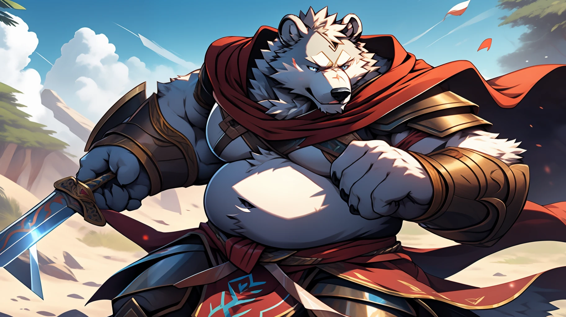 White polar bear, Broad body shape and fat belly, Chubby face，Mature and steady，Additional scarring on the body，Put on sturdy armor and a fluttering red cape, He is an invincible warrior，Hand-held sword，Close-up of combat action
