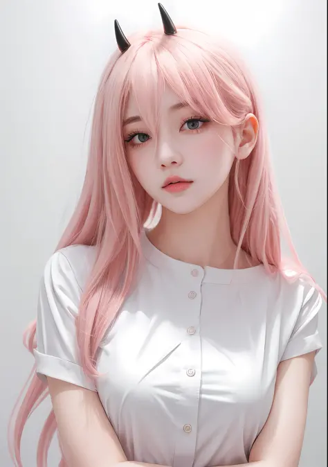 anime girl with pink hair and horns in white shirt, guweiz on pixiv artstation, cute anime girl portraits, extremely cute anime ...