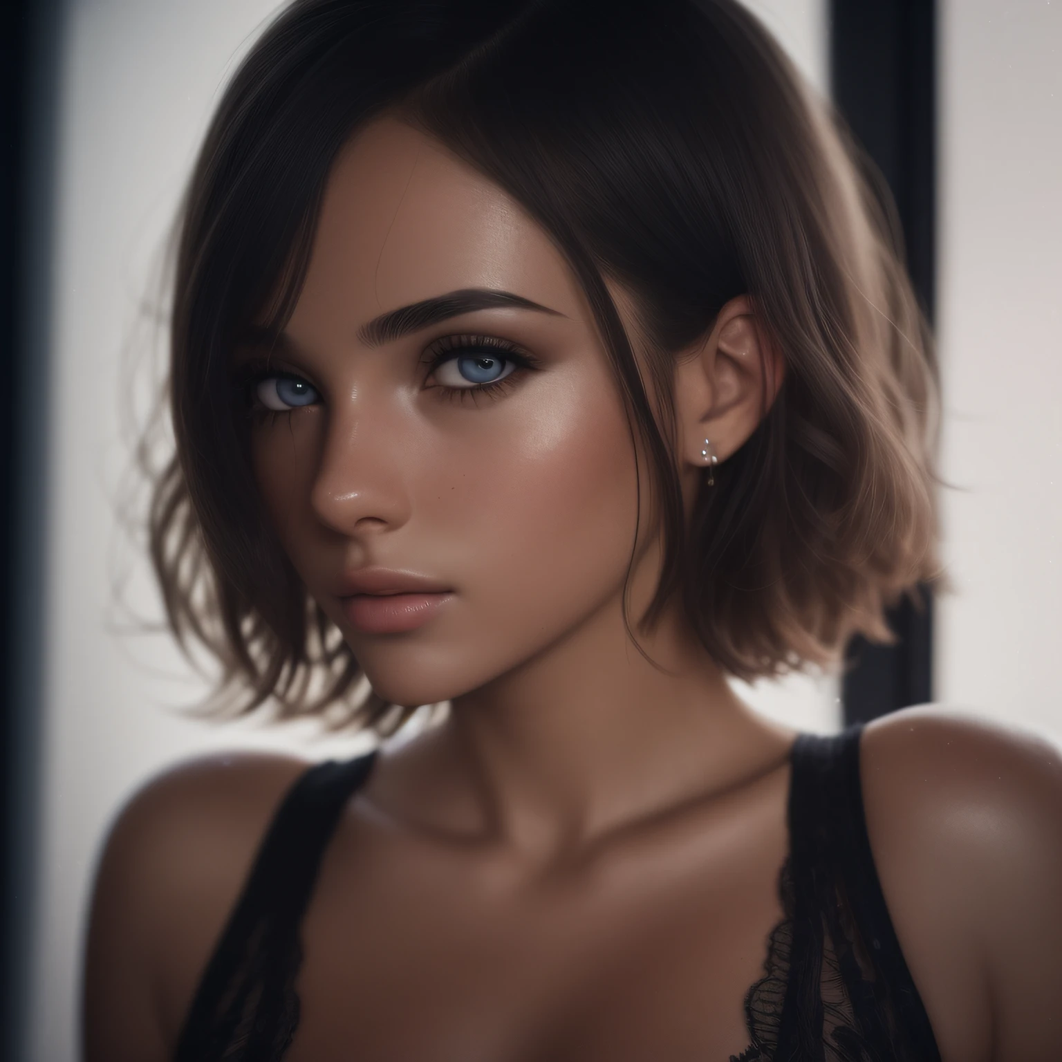 (RAW photo, best quality), (realistic, photo-realistic:1.2), 1girl, high quality, (high detailed skin:1.4), puffy eyes, gorgeous hair,  (dark room:1.3), (rim lighting:1.3), (dimly lit:1.3), (dark night:1.3), indoors, portrait, black hair, dark background, short hair, --auto