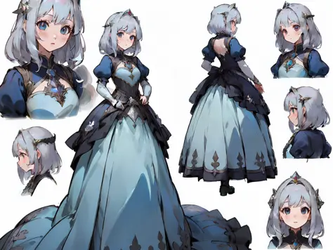 ((masterpiece)),(((best quality))),(character design sheet,same character,front,side,back),illustration,1 girl,silver hair,princ...