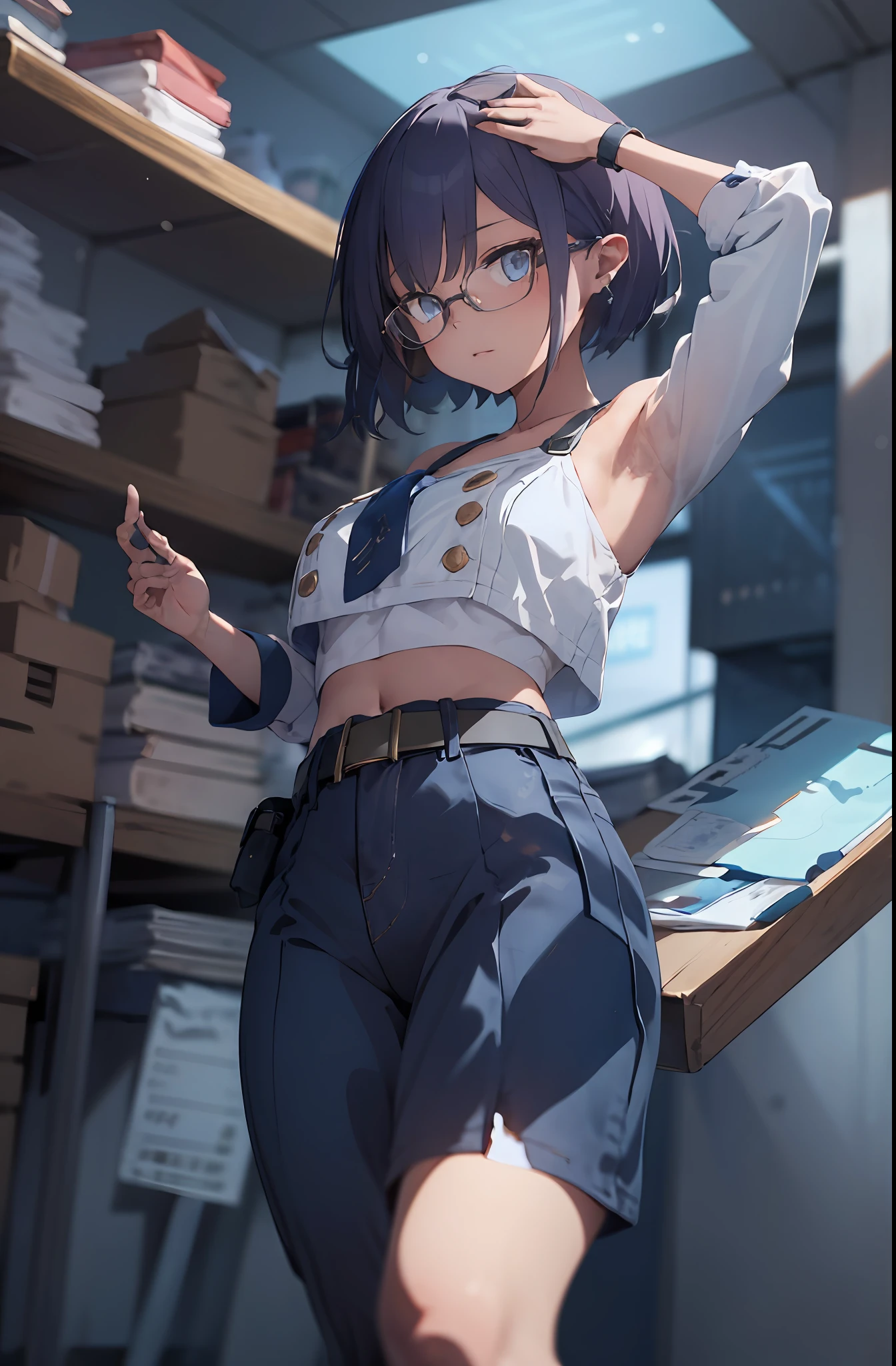 masterpiece, best quality, high resolution,
solo, 1girl, casual cloth, midriff, jean, belt, pouch, glasses, bare shoulders,