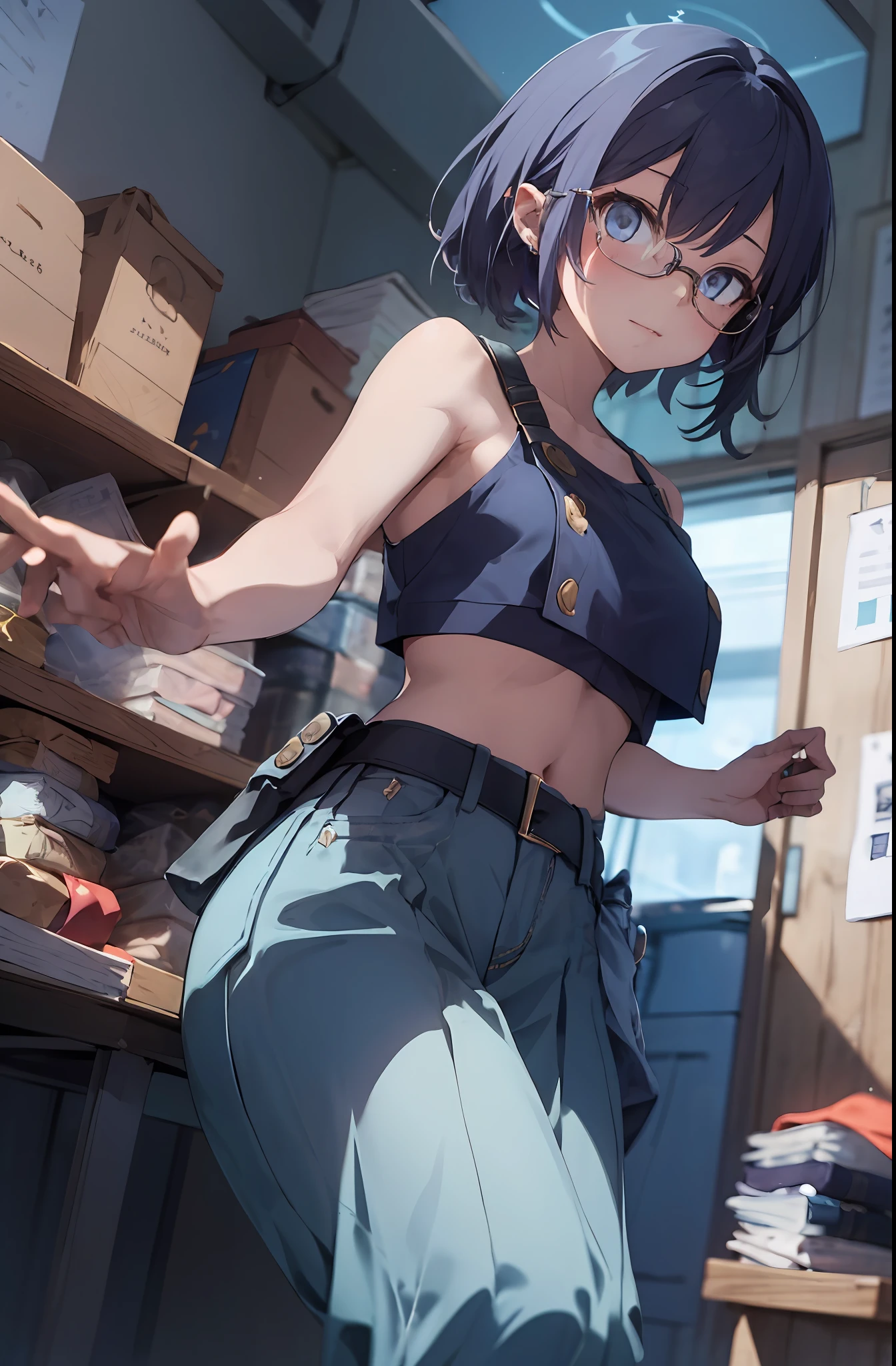 masterpiece, best quality, high resolution,
solo, 1girl, casual cloth, midriff, jean, belt, pouch, glasses, bare shoulders,