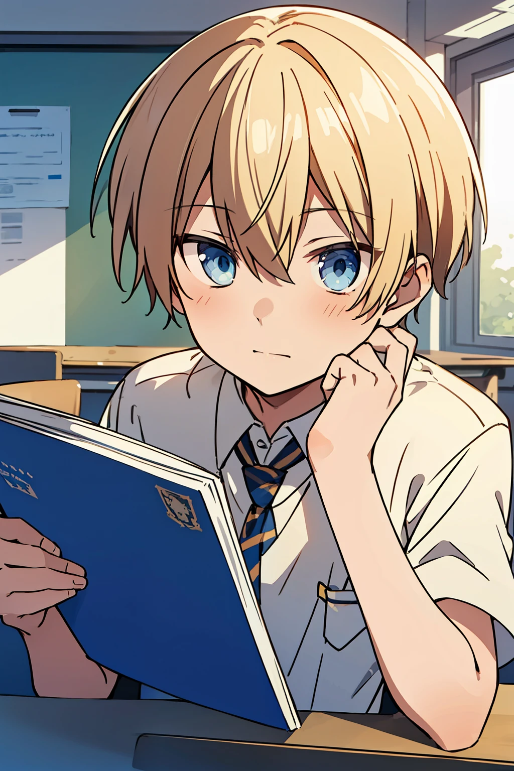 (high-quality, breathtaking),(expressive eyes, perfect face), 1boy, male, solo, short, young boy, blonde hair, blue eyes, , in class, studying