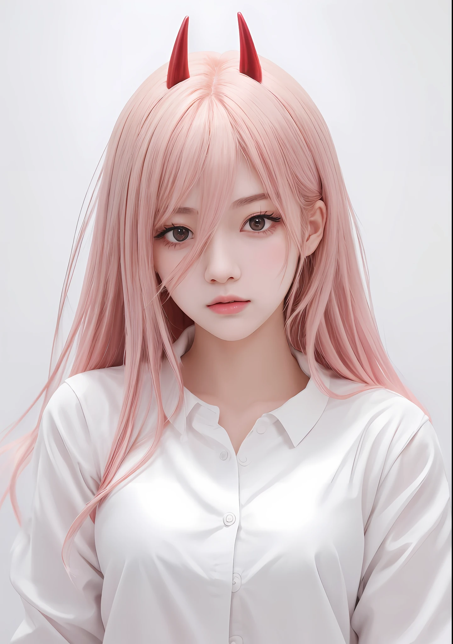 Anime-Mädchen mit rosa Haaren und Hörnern im weißen Hemd, guweiz on pixiv artstation, süße Anime-Mädchenporträts, extrem süßes Anime-Mädchengesicht, Trends auf Artstation Pixiv, realistischer Anime-Stil bei Pixiv, guweiz on artstation pixiv, realistisches junges Anime-Mädchen, saubere, detaillierte Anime-Kunst, Anime-Mädchen mit langen Haaren, realistischer Anime-Kunststil