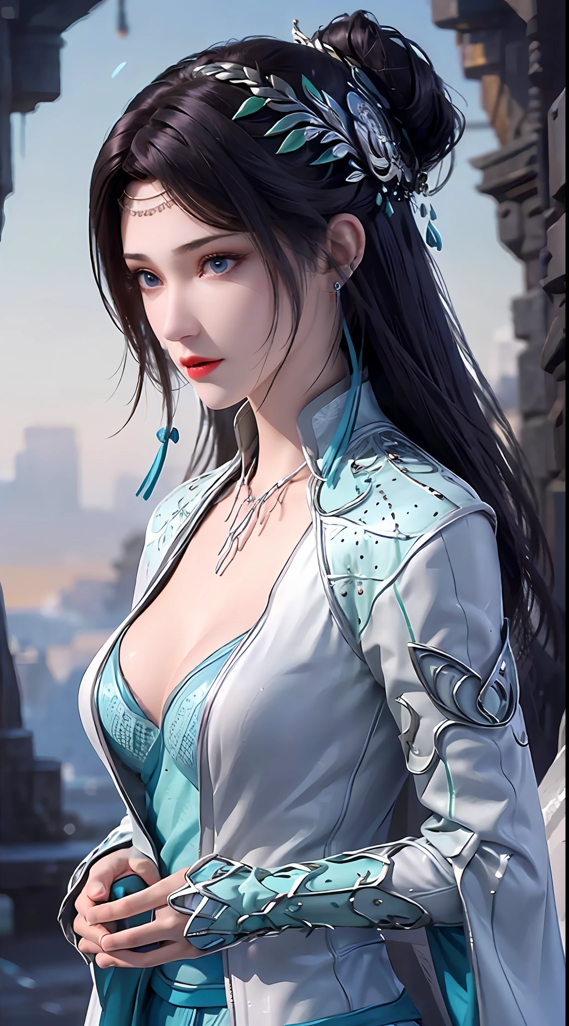 1 hot sexy beautiful girl in hanfu blue silk blouse, blue silk top with white pattern, white lace trim, long purple black ponytail, blue aura on the girl's back, hair jewelry, ear jewelry, necklace and necklace, big blue eyes meticulously made up, thin eyebrows, extremely detailed and sharp eye makeup, high nose, pretty red lips, no smile, pursed lips, rosy cheeks, enlarged breasts, large breasts, well-proportioned breasts, slim waist, blue mesh socks, wide sleeves, Chinese hanfu style, fantasy art motifs, vivid and realistic colors, RAW photo, realistic photo, ultra high quality 8k surreal photo, (great lighting effect: 1.8), 10x pixels, magic effect (background): 1.8), super detailed eyes, half girl upper body, girl portrait, girl alone, hanfu historical background,