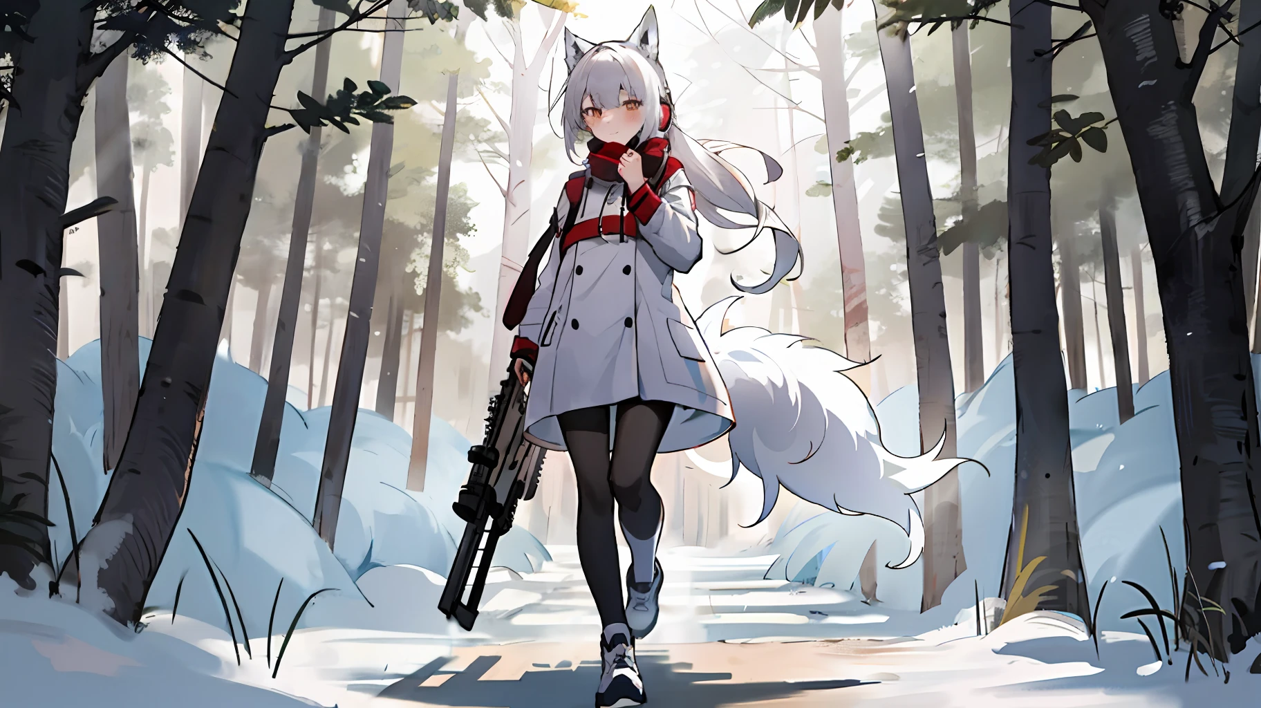 teens girl，sporty attire，Earphone，red fox，coda，whaite hair，blacksilk，ln the forest， White hair，White fox，White fox，Full body like，Dull hair，White coat，Nine tails，guns，8K，delicated，Great masterpiece，Very crumbs，fox tails，Ray traching，Exquisite scenes