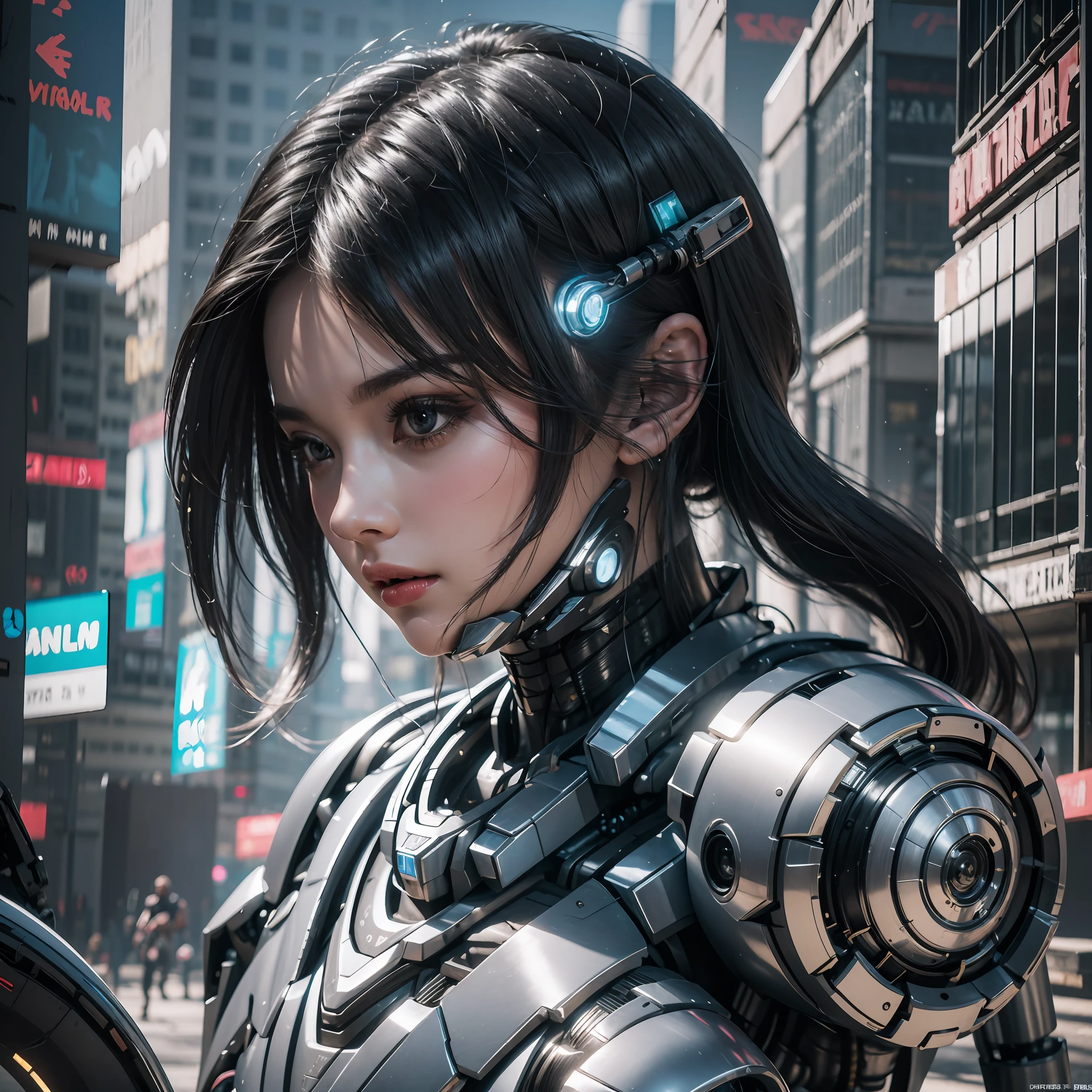 ((1girll)), Fluttering hair, Black hair，Perfect facial features, exquisite face, super detailing, Super quality, Mechanical limbs,   (Blue mech),  cool movement, Cyberpunk city, k hd, Lifelike, Movie quality, rendering by octane, C4D render,  Masterpiece, Best quality, 8K, High details, hyper HD