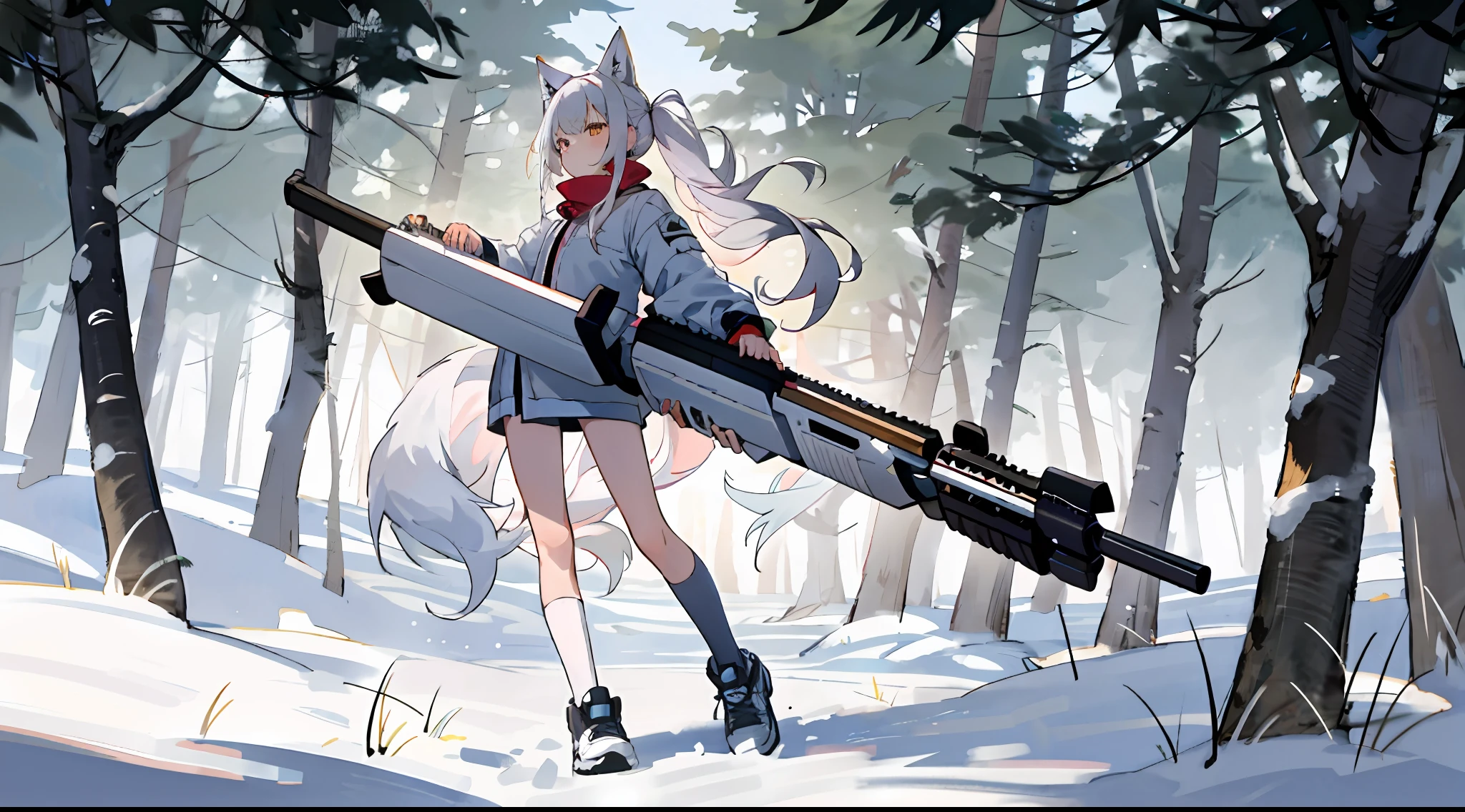 teens girl，sporty attire，Earphone，red fox，coda，whaite hair，blacksilk，ln the forest， White hair，White fox，White fox，Full body like，Dull hair，White coat，Nine tails，guns，8K，delicated，Great masterpiece，Very crumbs，fox tails，Ray traching，Exquisite scenes