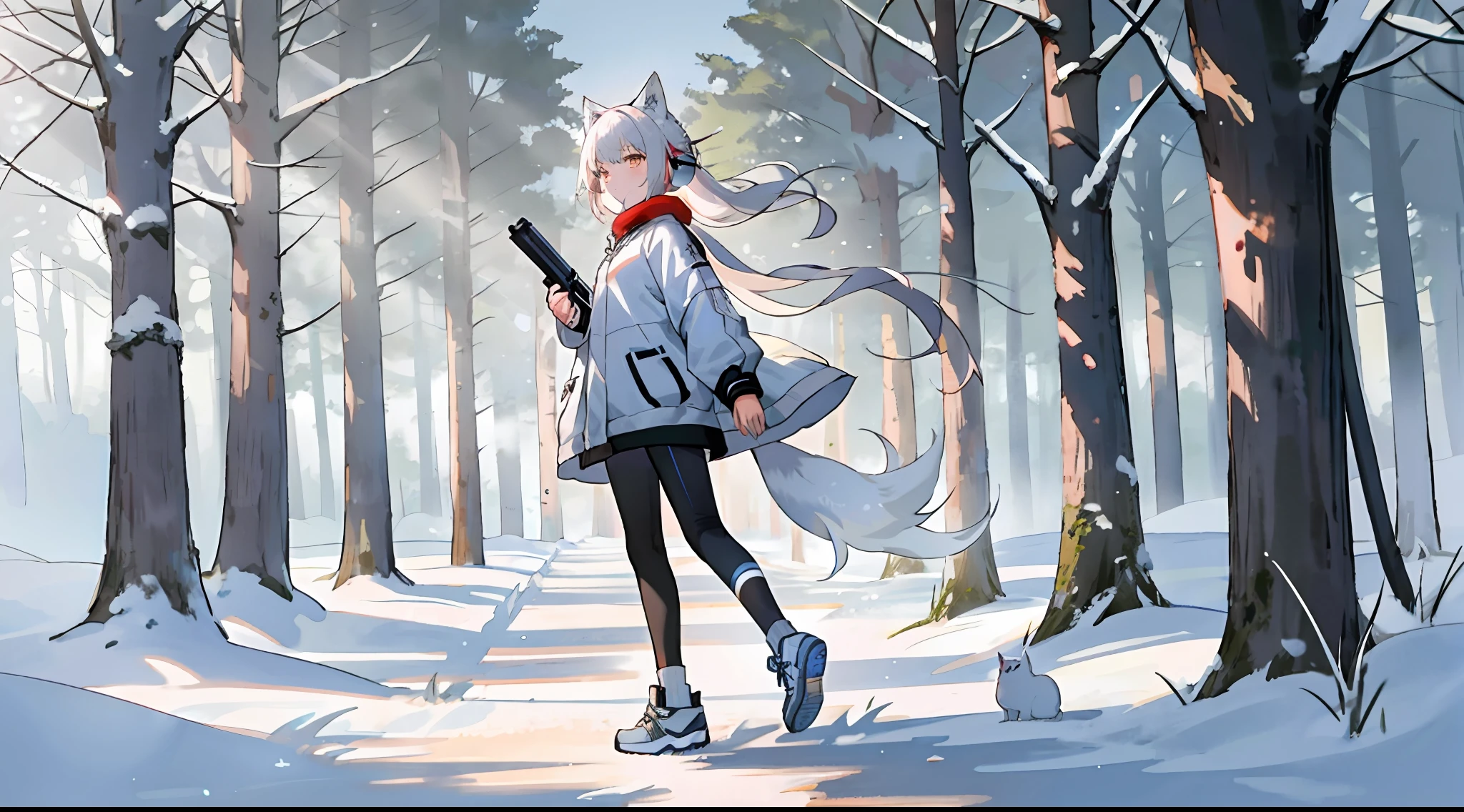 teens girl，sporty attire，Earphone，red fox，coda，whaite hair，blacksilk，ln the forest， White hair，White fox，White fox，Full body like，Dull hair，White coat，Nine tails，guns，8K，delicated，Great masterpiece，Very crumbs，fox tails，Ray traching，Exquisite scenes