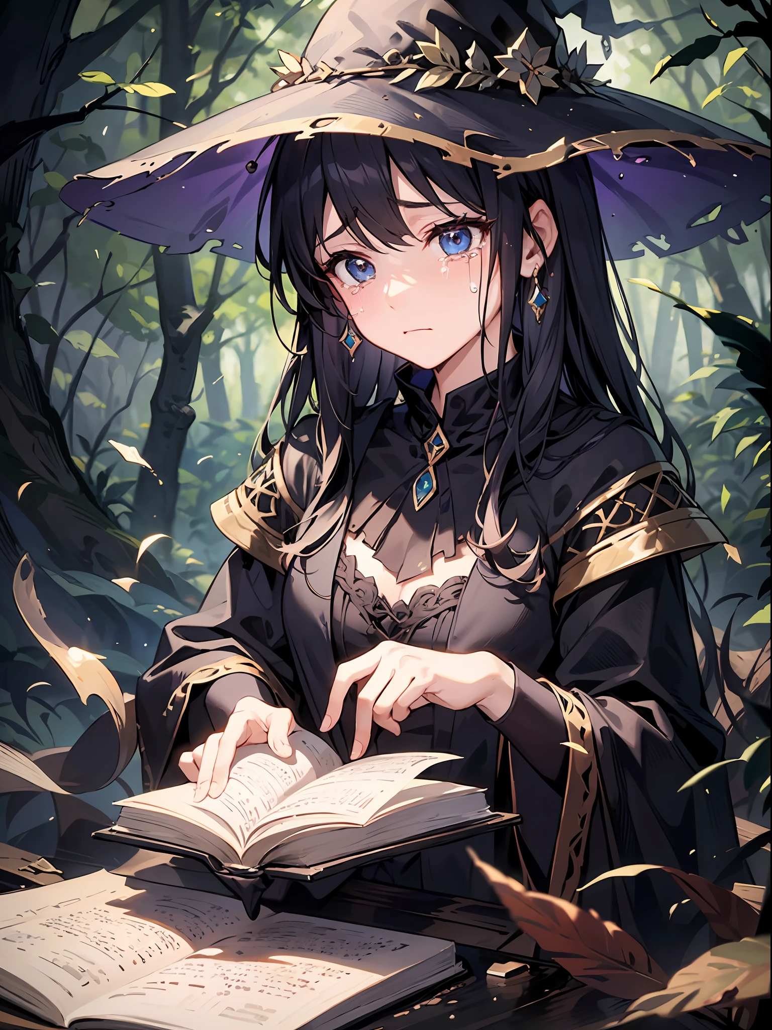 ，masterpiece, best quality，8k, ultra highres，In the depths of the Enchanted Forest，A mysterious and dark environment，A beautiful witch sits alone on a stone，She held a damaged magic book in her hand。Her long hair was scattered，Tears fell on his face，Her gaze reveals disappointment and endless sadness about love。