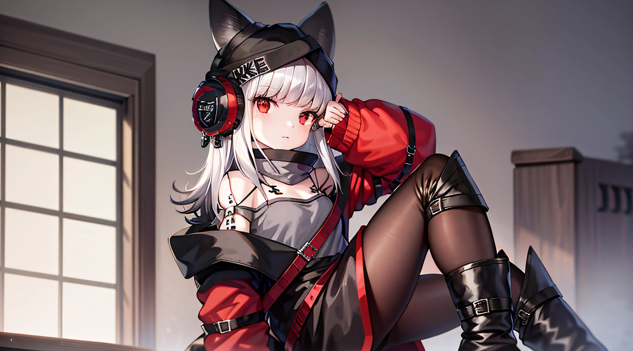 origin, 1girll, Solo, Pantyhose, Boots, Tail, Long hair, blackfootwear, view the viewer, Sitting, cropped shoulders, Red jacket, Knee protectors, Fox tail, From the side Side, off-shoulder grey shirt, Bare shoulders, grey shirt, Fox girl, Black pantyhose, Red background,