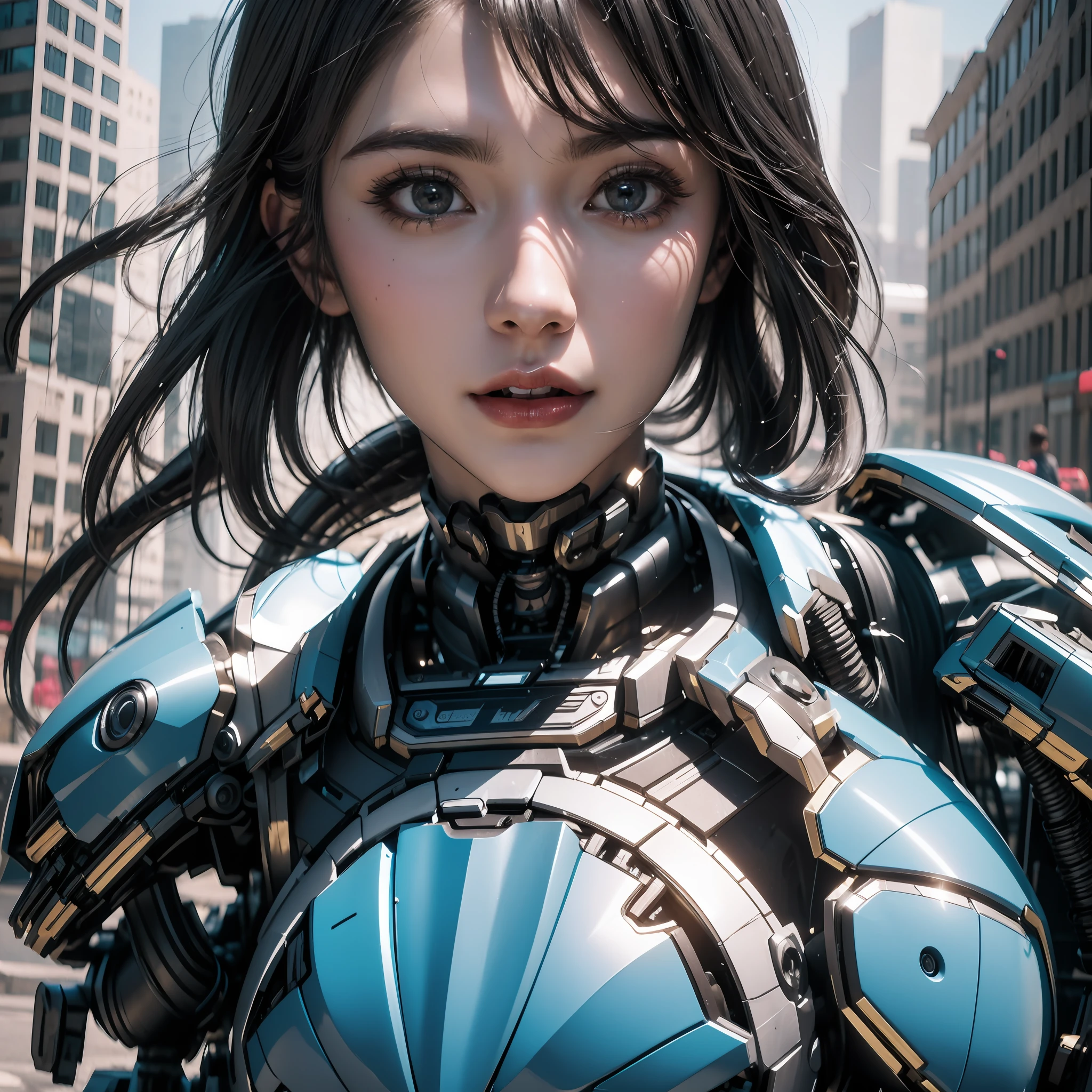 ((1girll)), Fluttering hair, Black hair，Perfect facial features, exquisite face, super detailing, Super quality, Mechanical limbs,   (Blue mech),  cool movement, Cyberpunk city, k hd, Lifelike, Movie quality, rendering by octane, C4D render,  Masterpiece, Best quality, 8K, High details, hyper HD