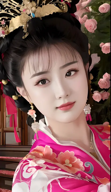 Araki woman in pink kimono，Wearing a flower hat, Palace ， A girl in Hanfu, ancient chinese beauti, Princesa chinesa antiga, Beau...